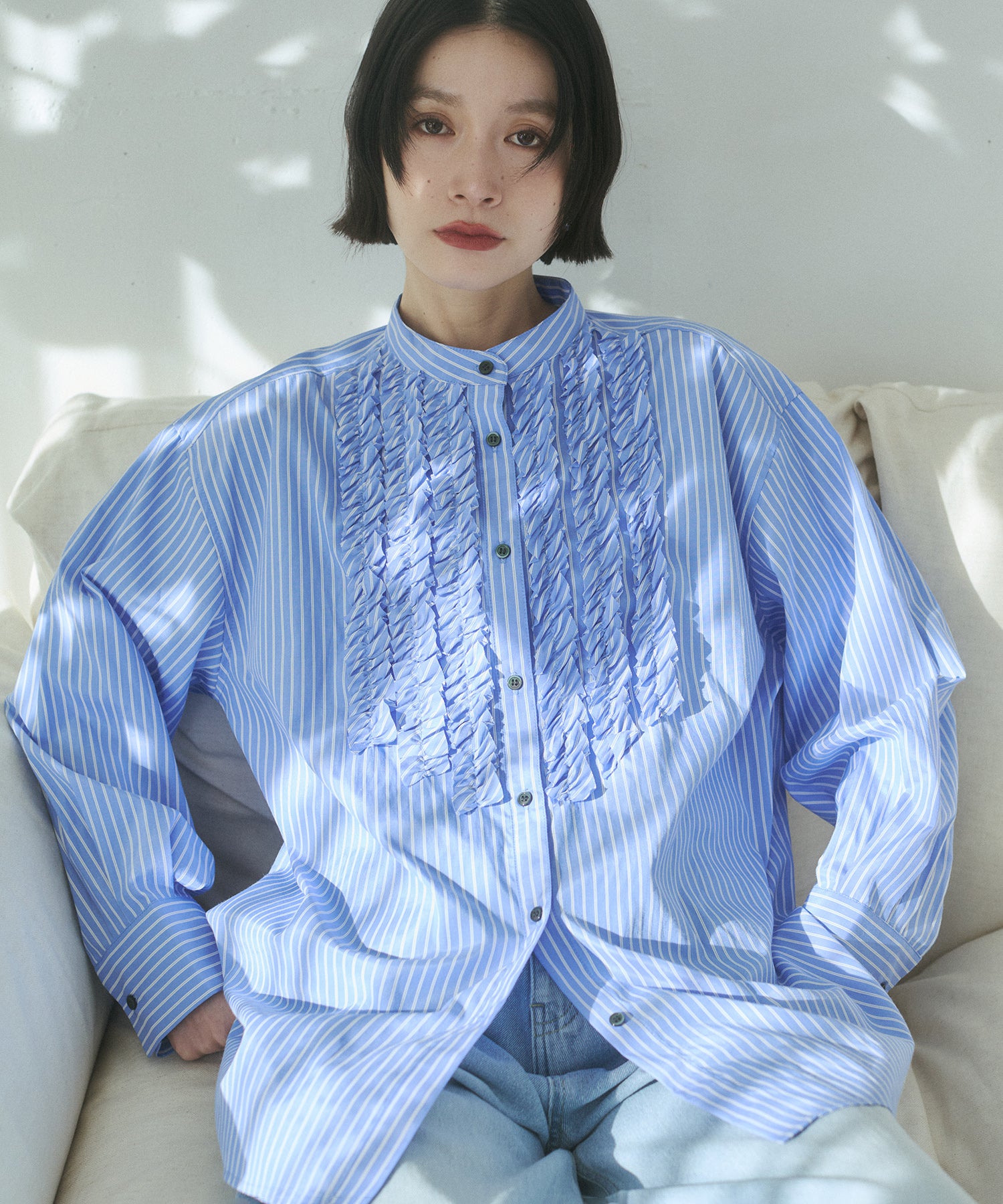 スラブ/デニム ストライプフリルシャツ