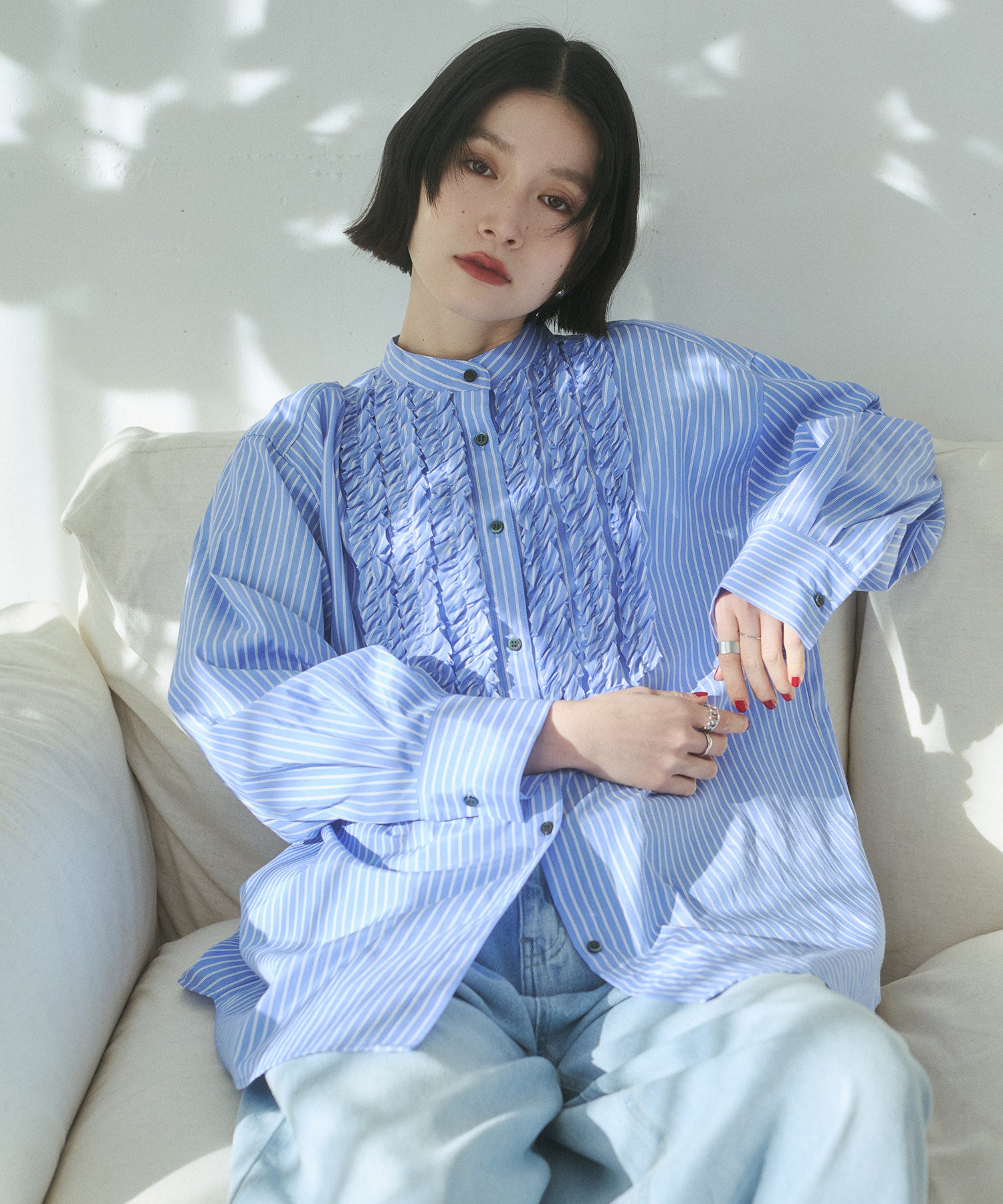 スラブ/デニム ストライプフリルシャツ