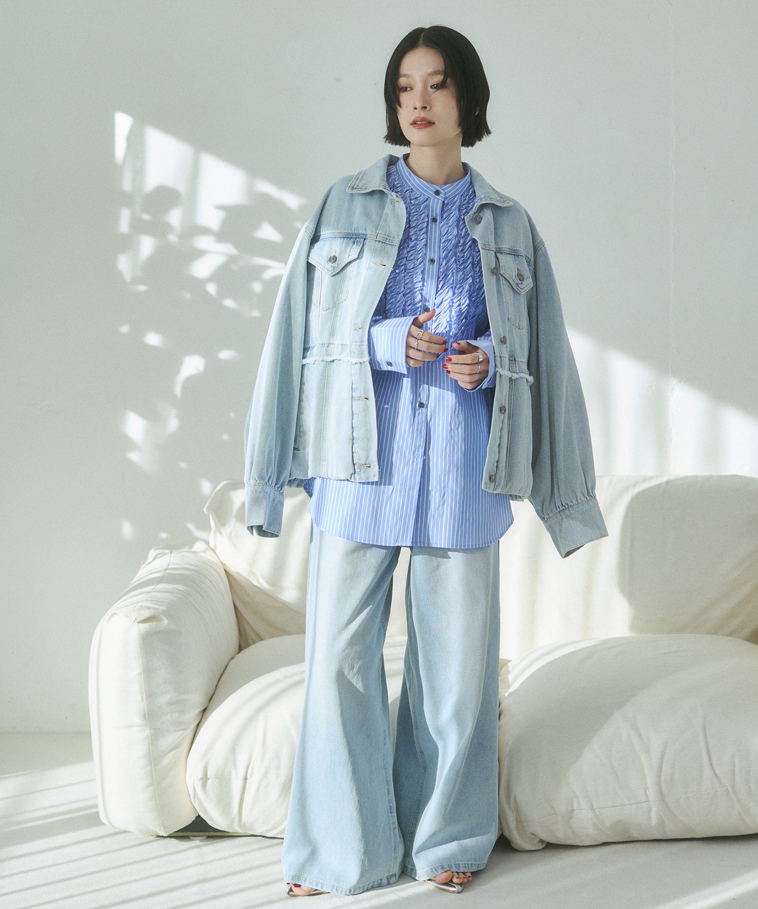 スラブ/デニム ストライプフリルシャツ