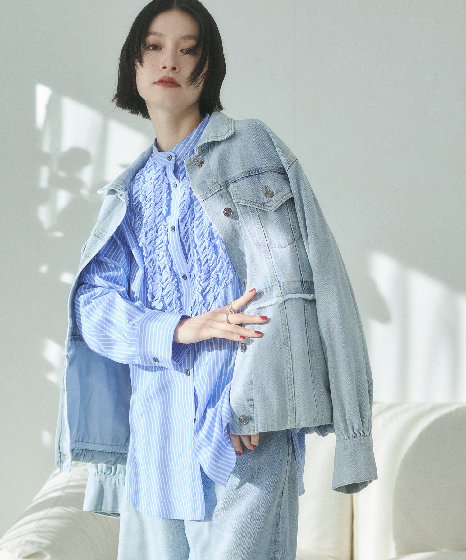 スラブ/デニム ストライプフリルシャツ