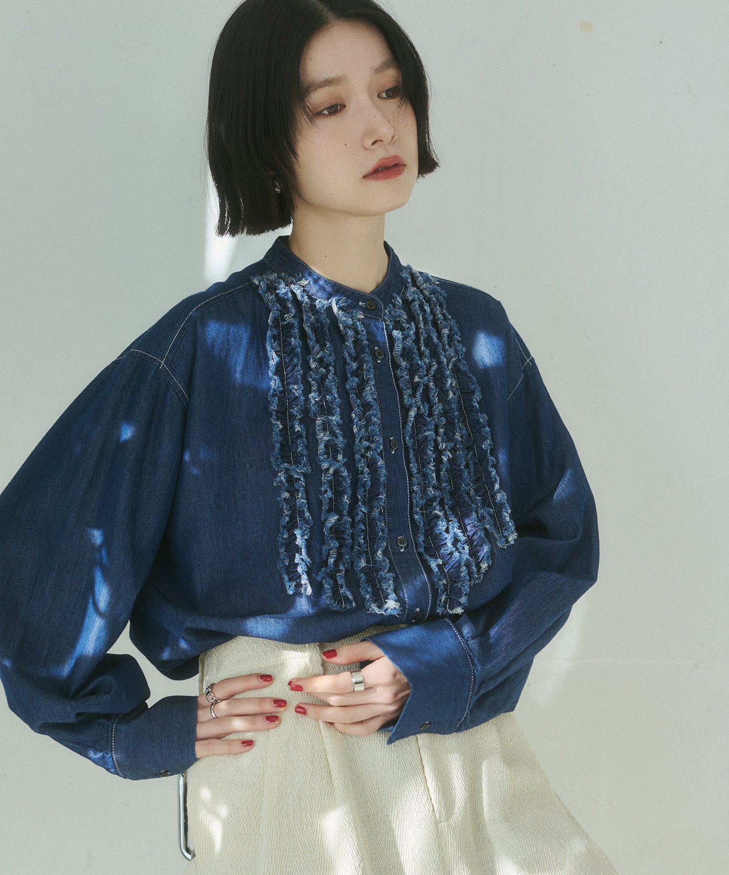 スラブ/デニム ストライプフリルシャツ