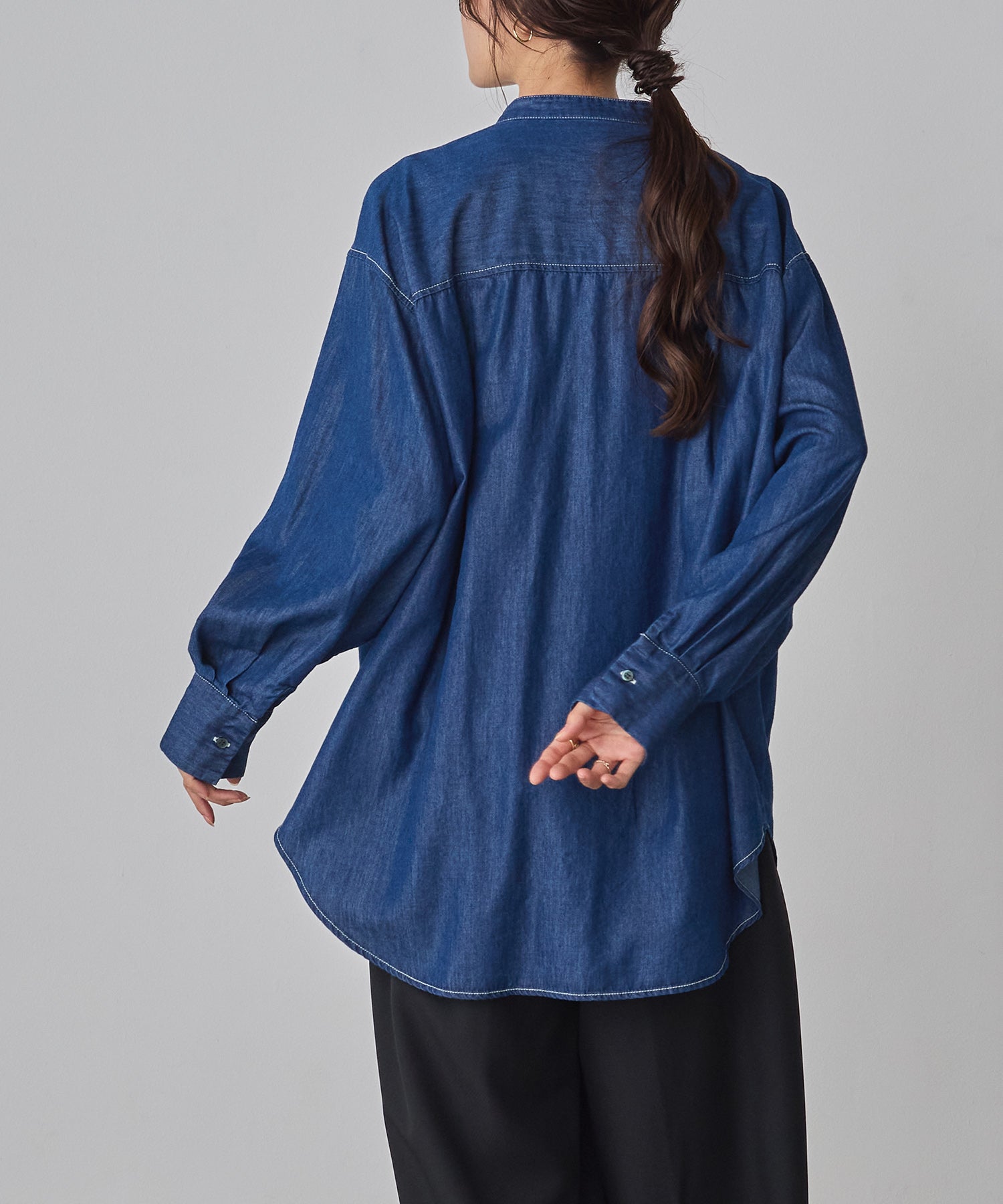 スラブ/デニム ストライプフリルシャツ