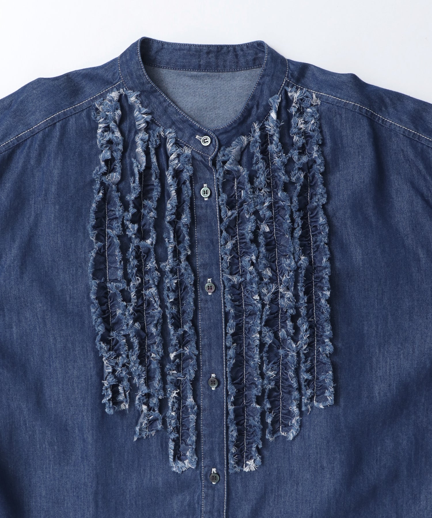 スラブ/デニム ストライプフリルシャツ