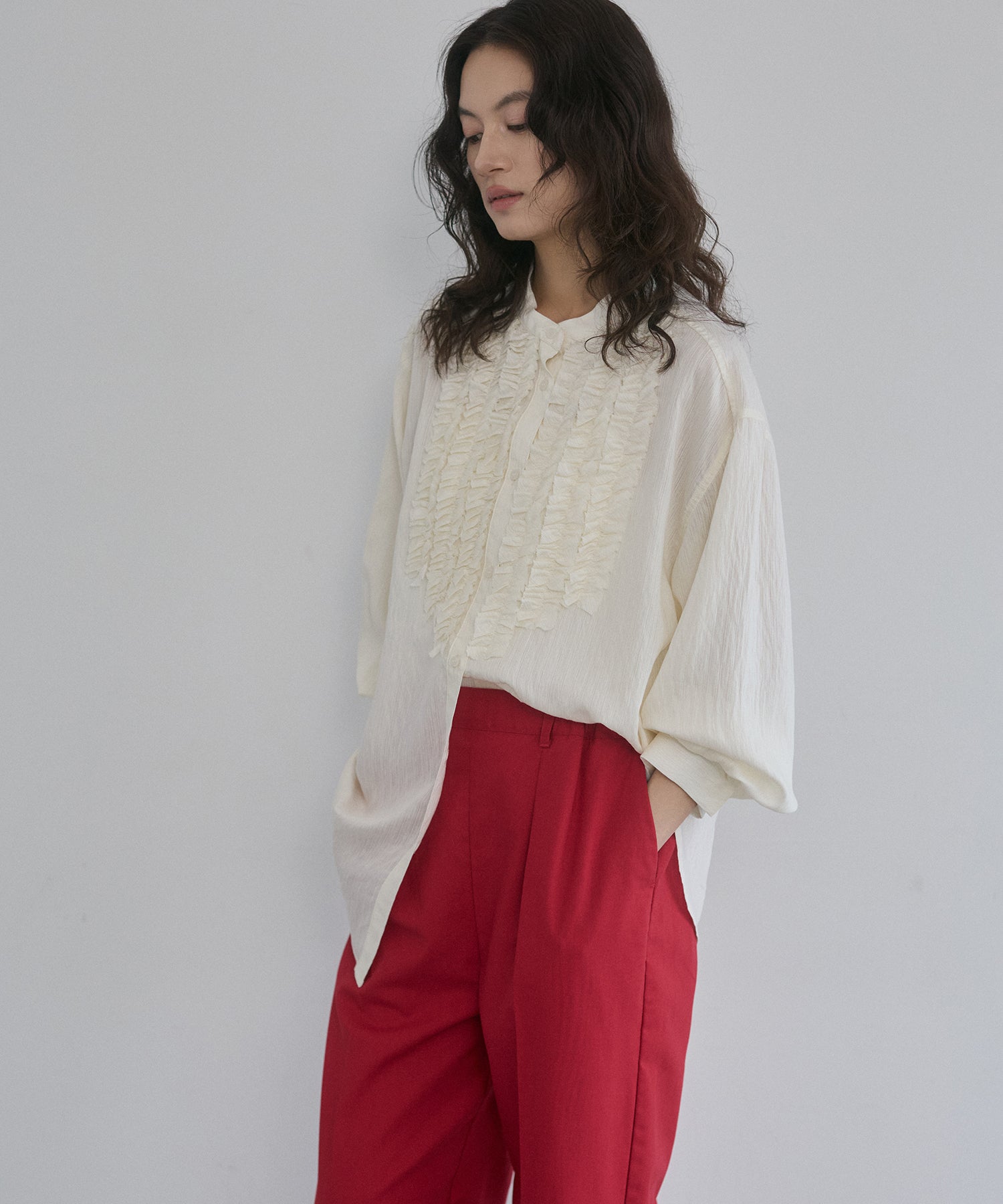 SLAB DENIM FRILL SHIRT