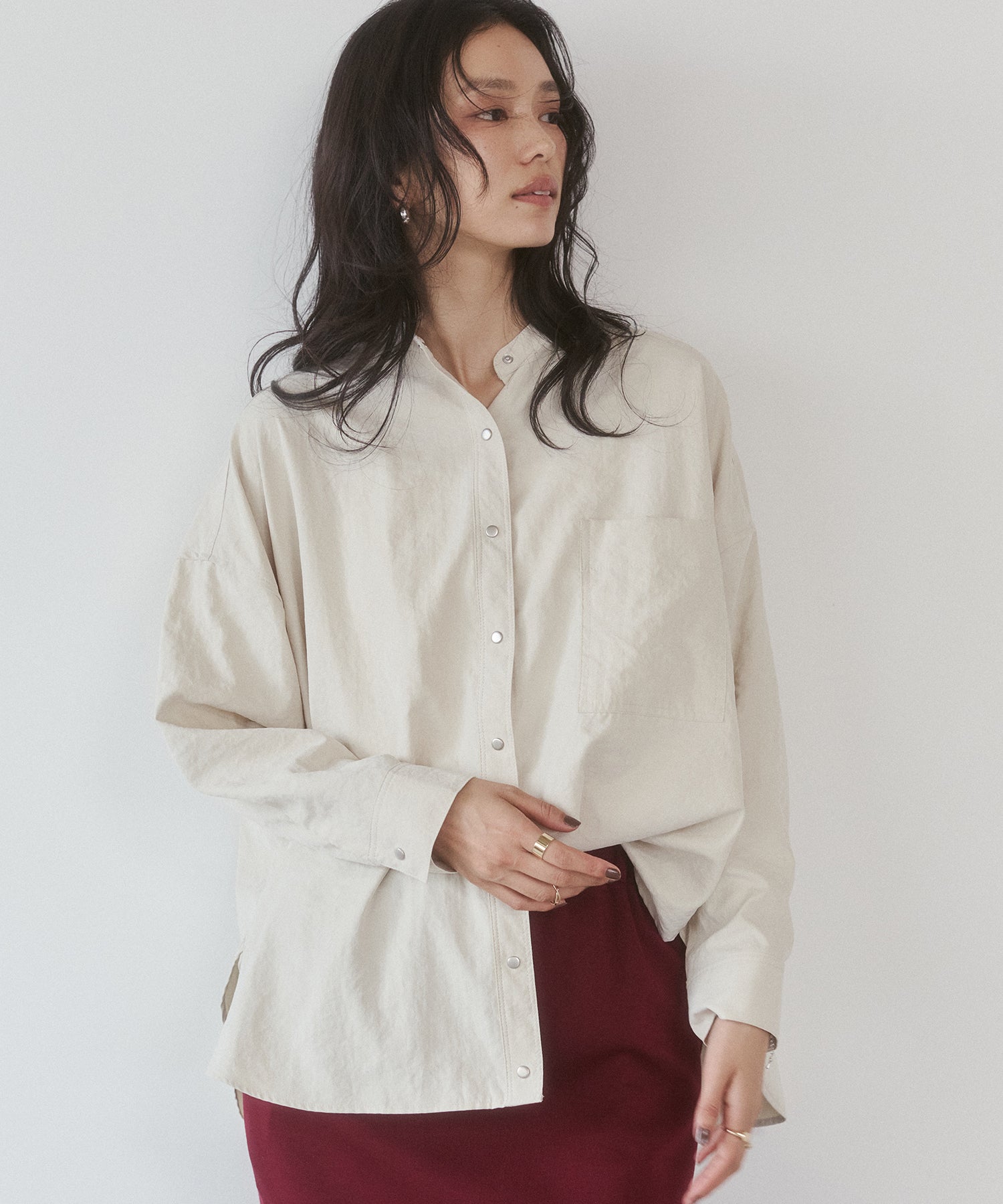 [PRE-ORDER]PEACH SUEDE 2WAY LENGTH BAND COLLAR SHIRT