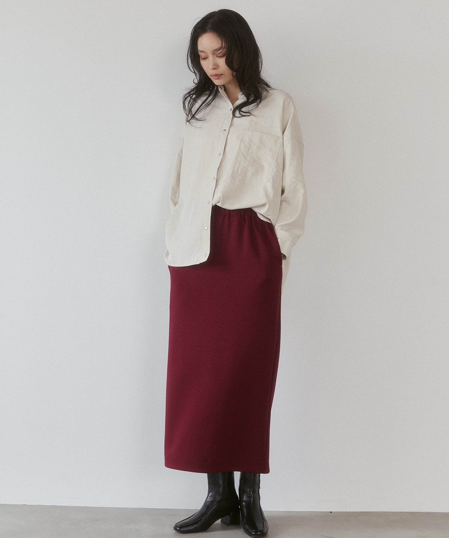 [PRE-ORDER]PEACH SUEDE 2WAY LENGTH BAND COLLAR SHIRT