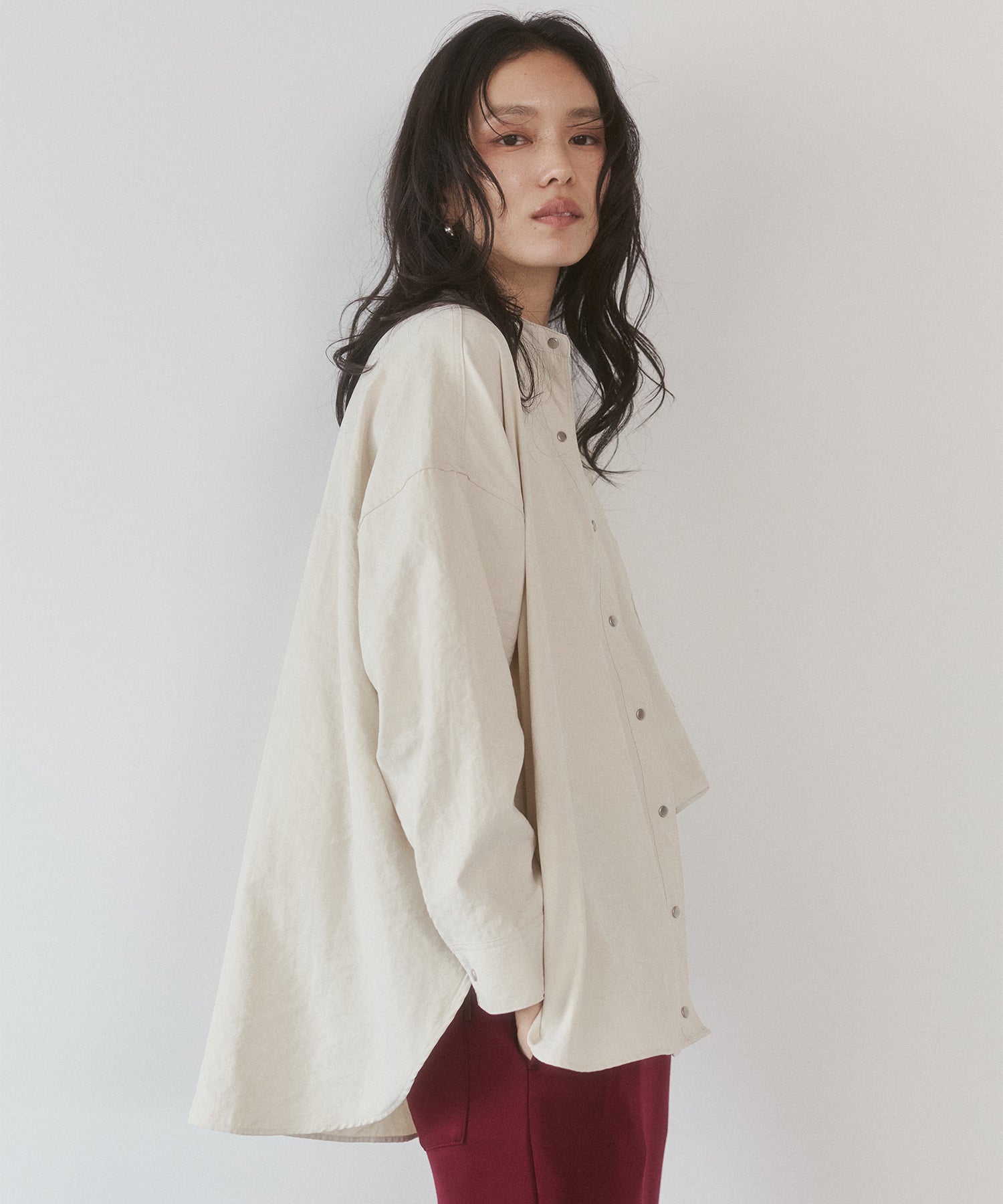 [PRE-ORDER]PEACH SUEDE 2WAY LENGTH BAND COLLAR SHIRT