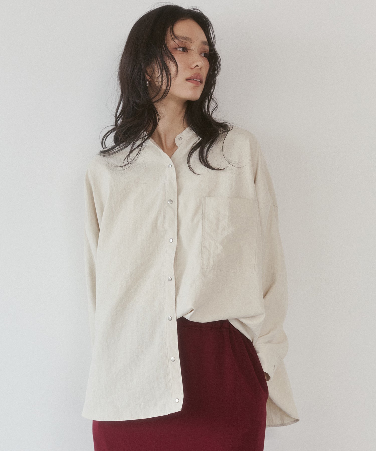 [PRE-ORDER]PEACH SUEDE 2WAY LENGTH BAND COLLAR SHIRT