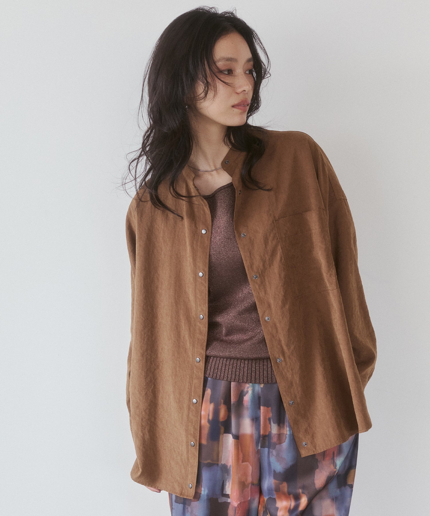 [PRE-ORDER]PEACH SUEDE 2WAY LENGTH BAND COLLAR SHIRT
