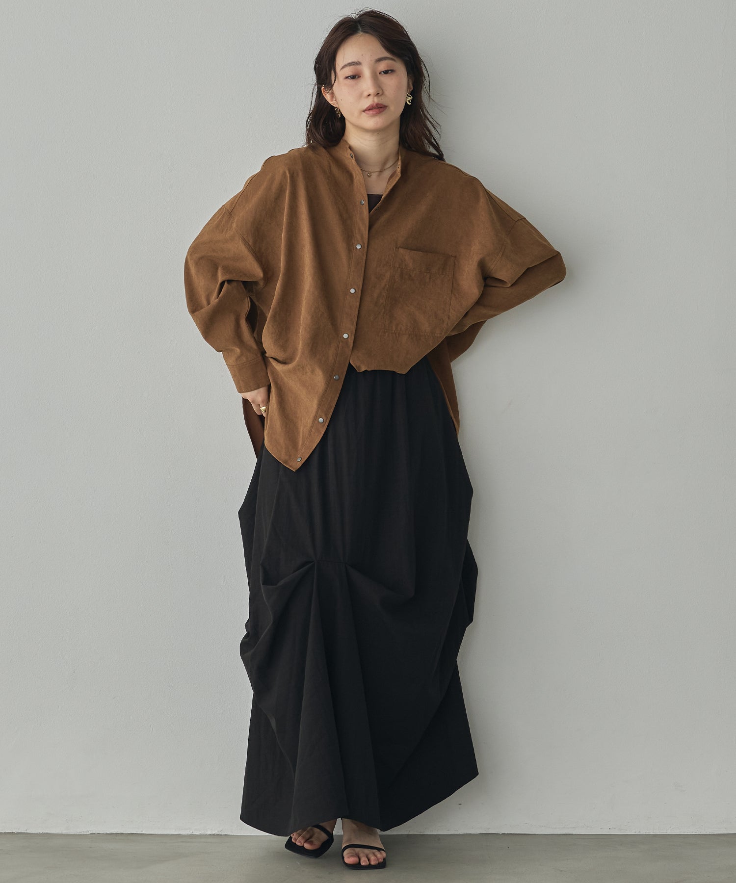 [PRE-ORDER]PEACH SUEDE 2WAY LENGTH BAND COLLAR SHIRT