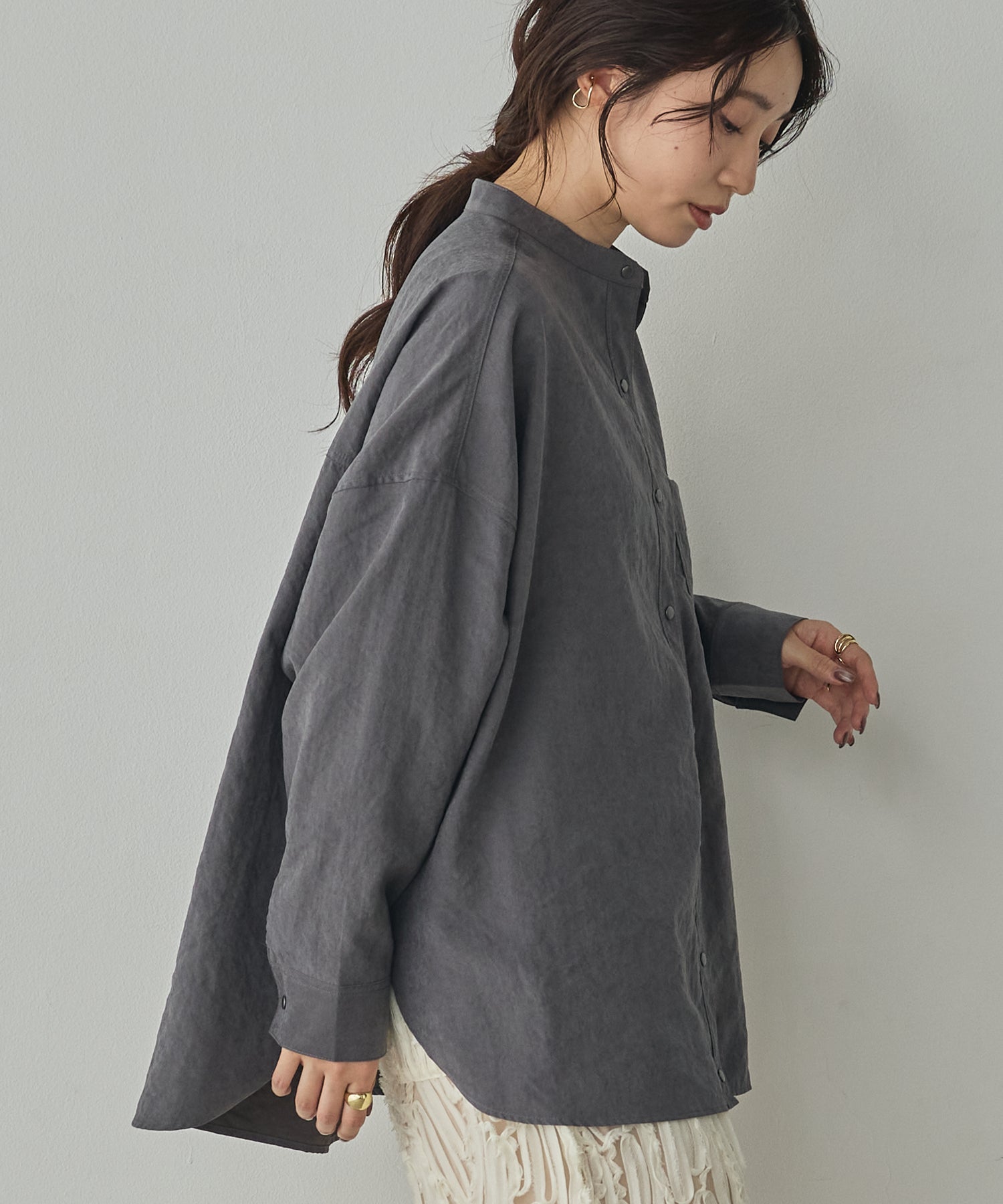 [PRE-ORDER]PEACH SUEDE 2WAY LENGTH BAND COLLAR SHIRT