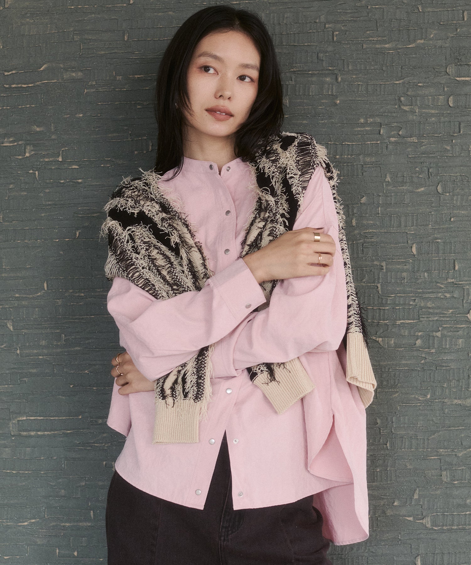 [PRE-ORDER]PEACH SUEDE 2WAY LENGTH BAND COLLAR SHIRT