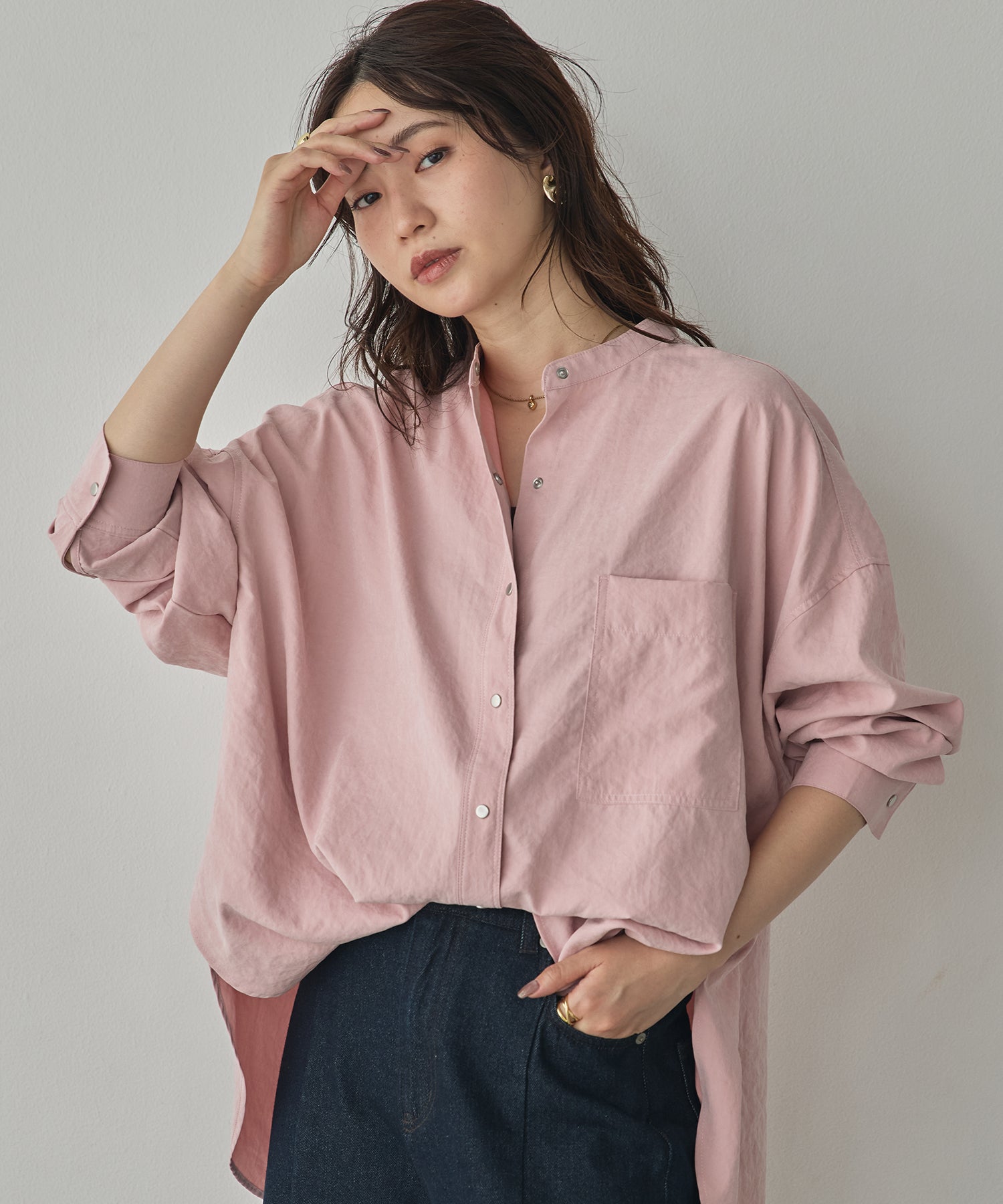 [PRE-ORDER]PEACH SUEDE 2WAY LENGTH BAND COLLAR SHIRT