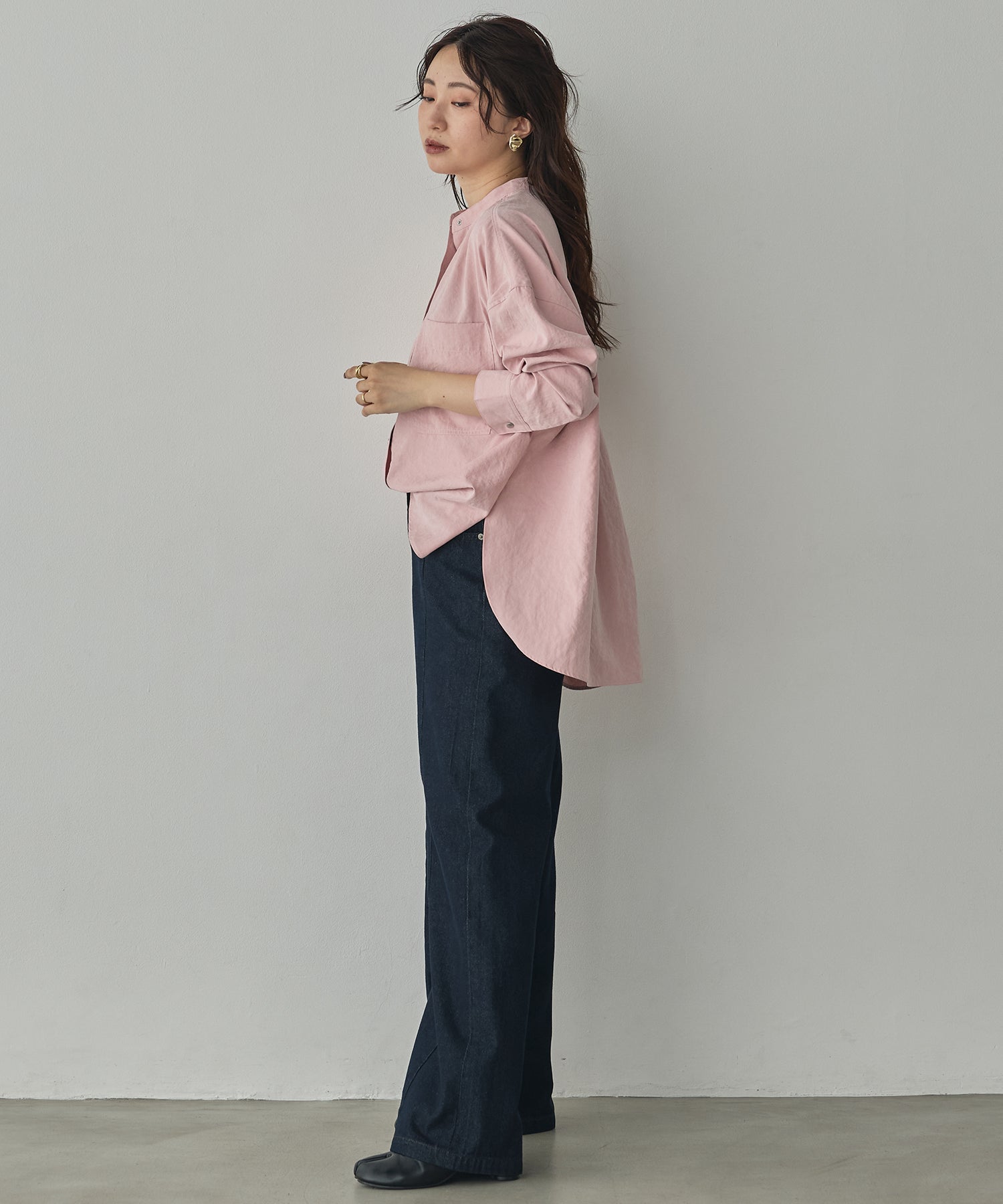[PRE-ORDER]PEACH SUEDE 2WAY LENGTH BAND COLLAR SHIRT