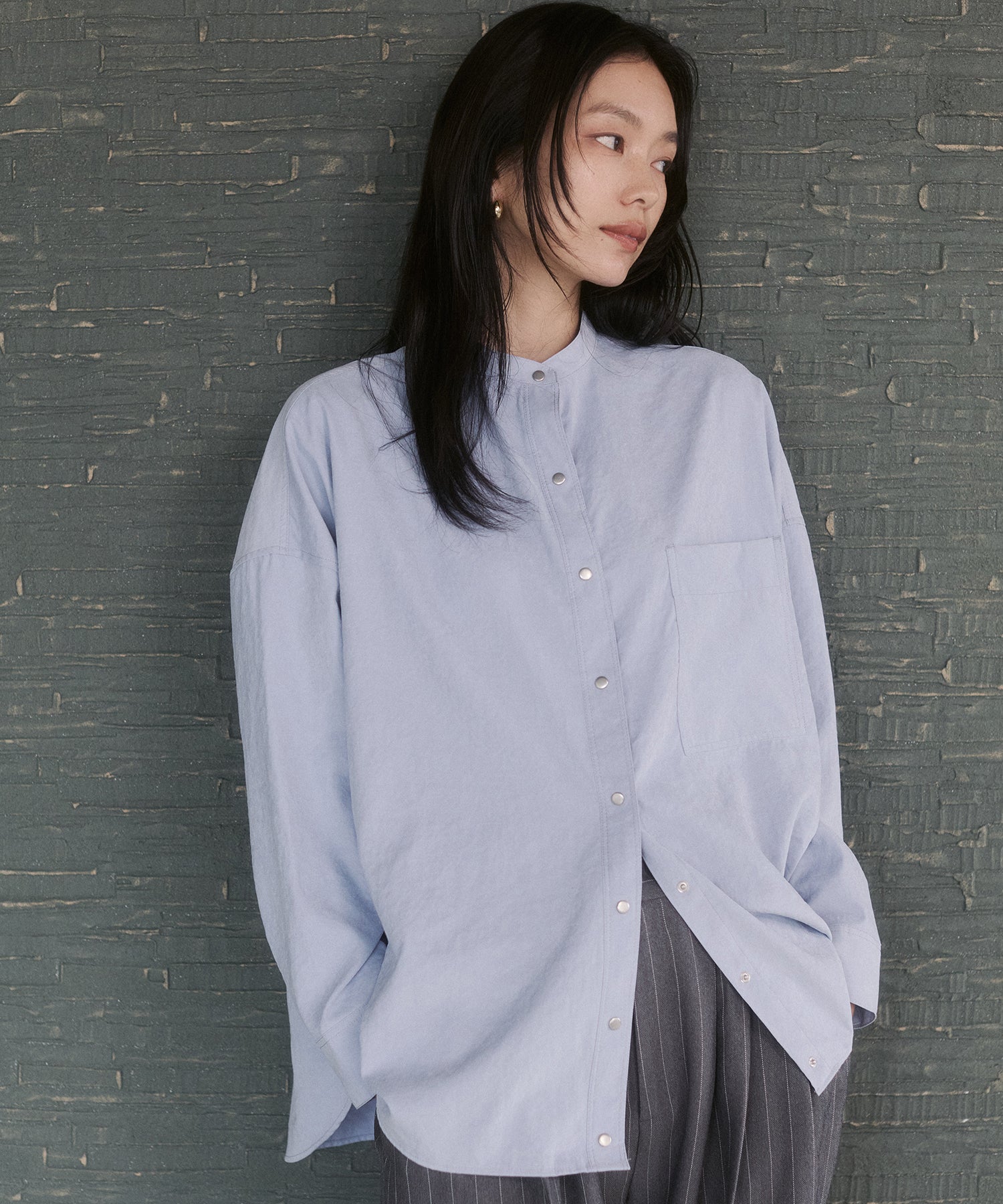 [PRE-ORDER]PEACH SUEDE 2WAY LENGTH BAND COLLAR SHIRT
