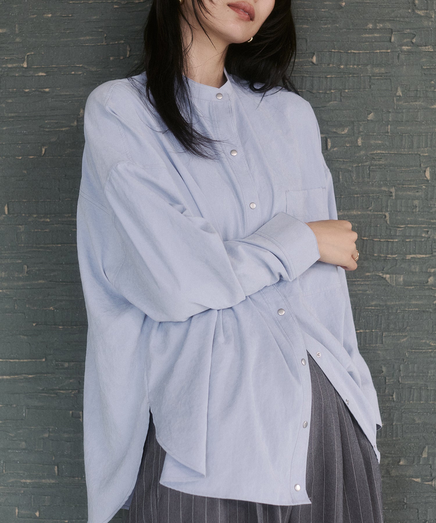 [PRE-ORDER]PEACH SUEDE 2WAY LENGTH BAND COLLAR SHIRT