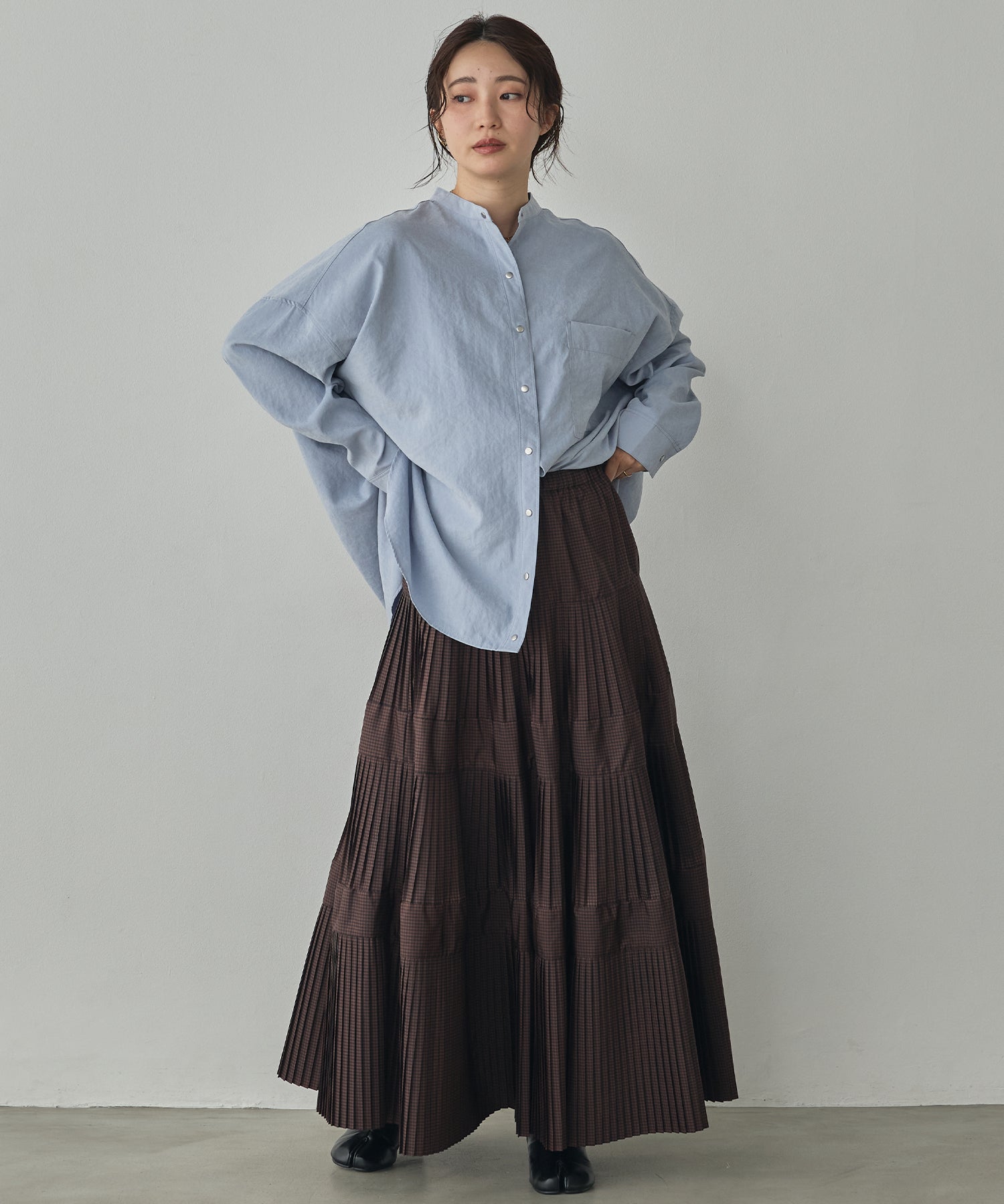 [PRE-ORDER]PEACH SUEDE 2WAY LENGTH BAND COLLAR SHIRT