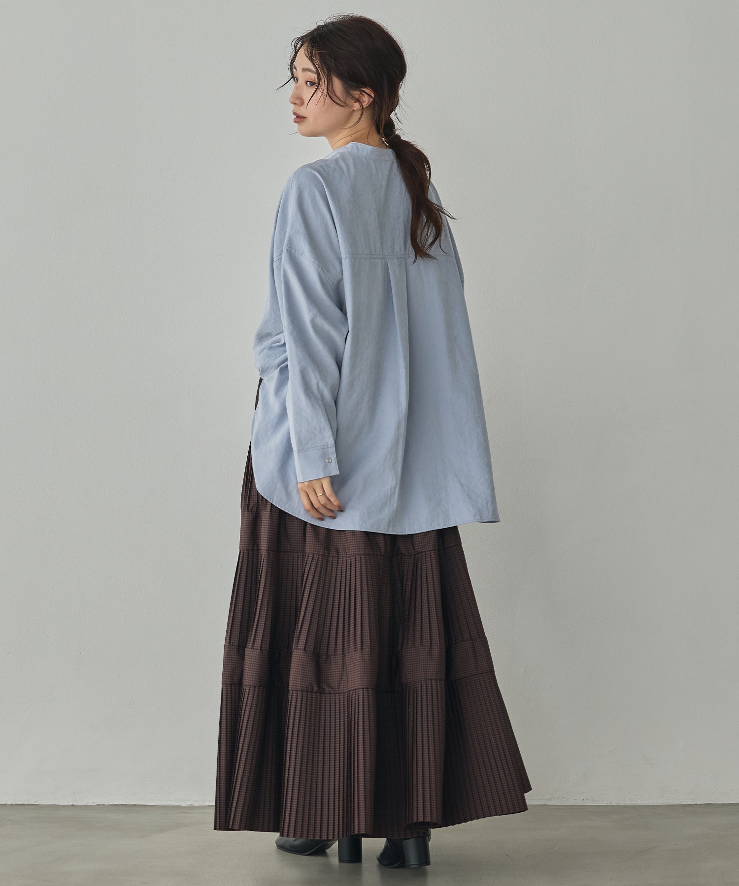 [PRE-ORDER]PEACH SUEDE 2WAY LENGTH BAND COLLAR SHIRT