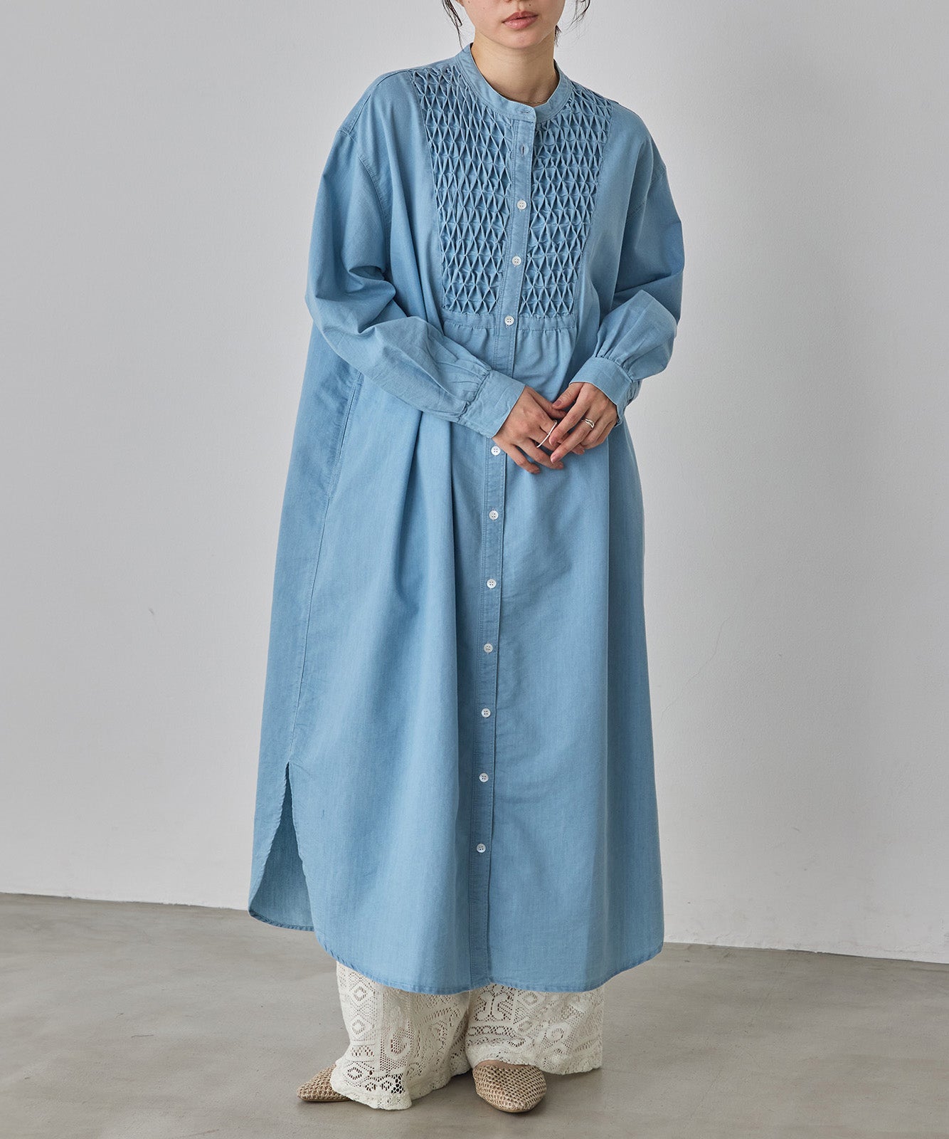 DENIM SMOCKING ONE-PIECE