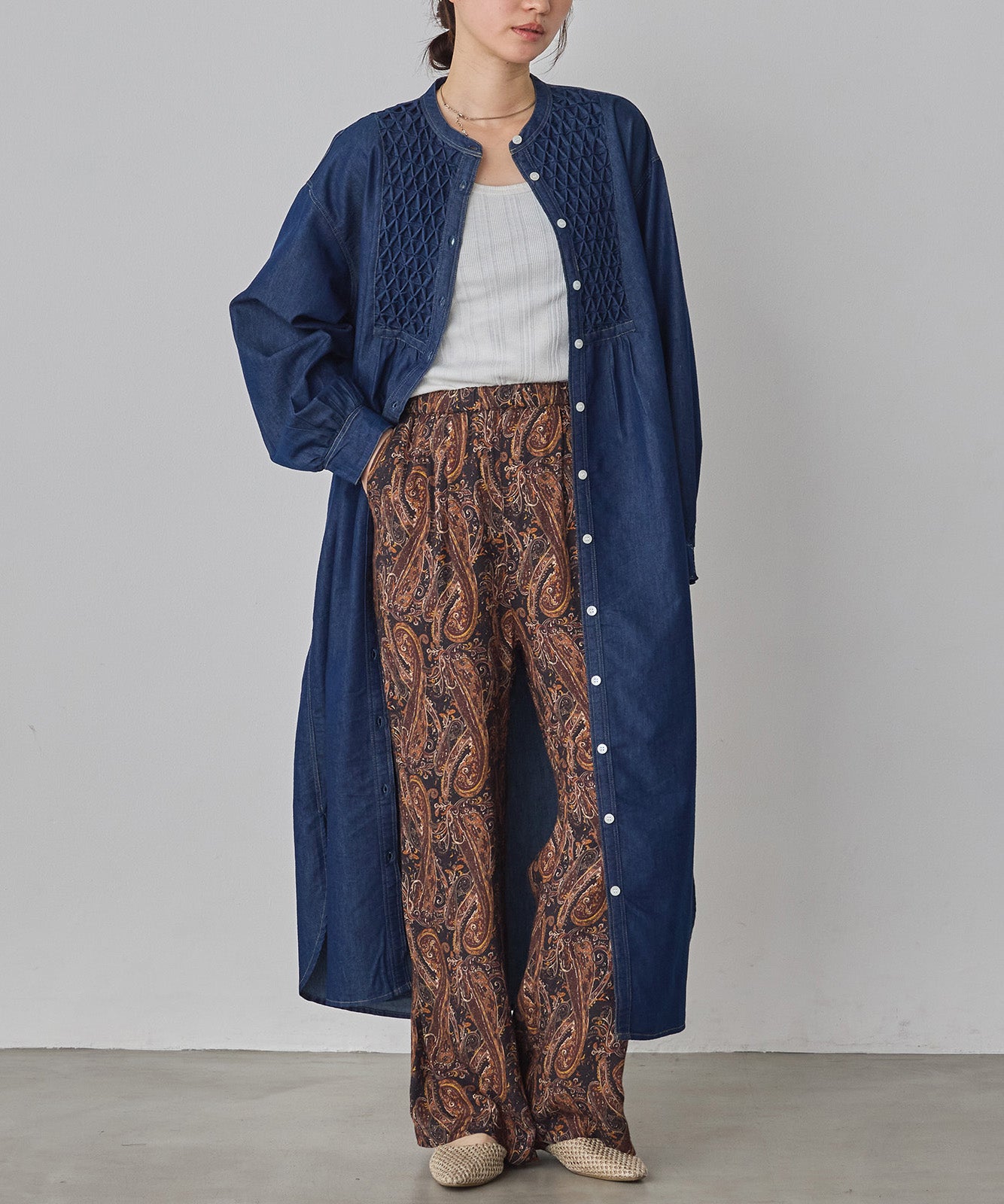 DENIM SMOCKING ONE-PIECE