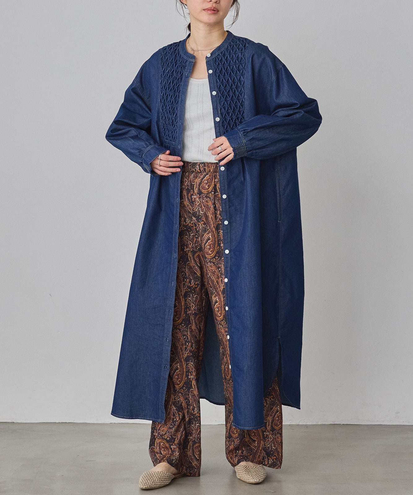 DENIM SMOCKING ONE-PIECE
