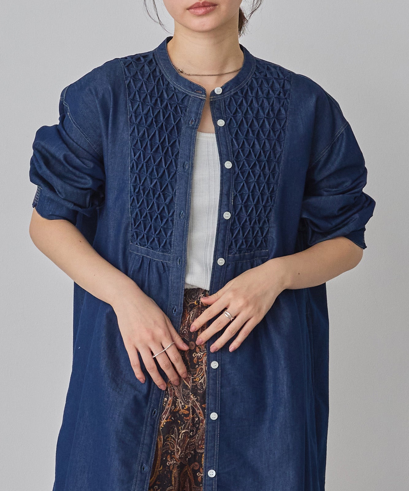 DENIM SMOCKING ONE-PIECE