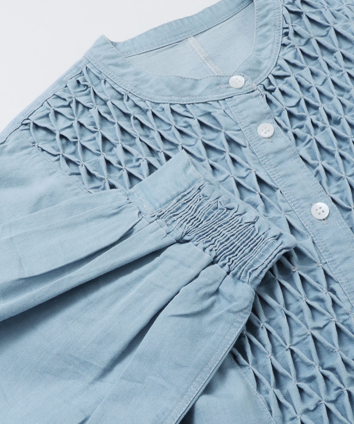 DENIM SMOCKING ONE-PIECE
