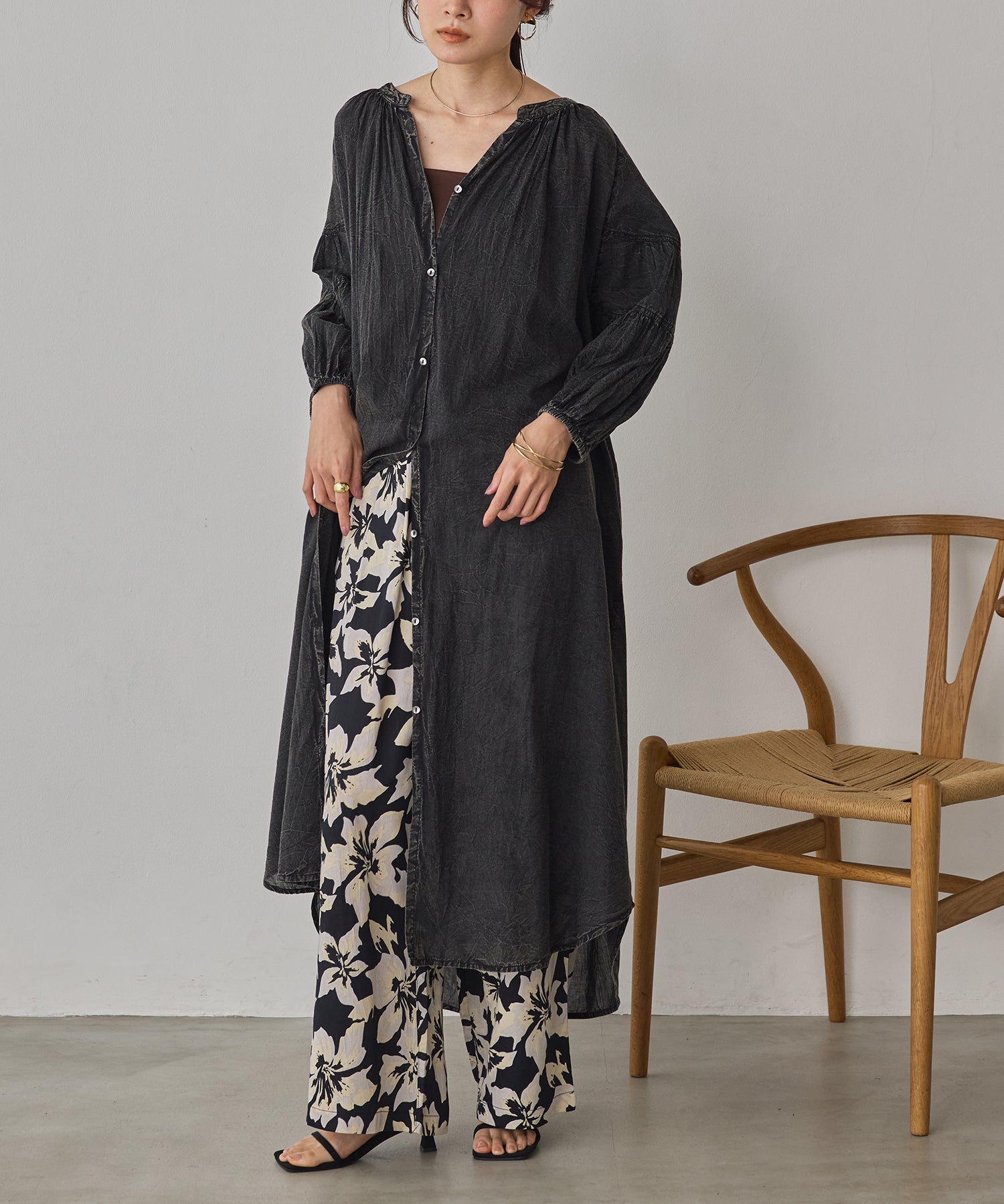 ACID-WASH GATHERED ONE-PIECE