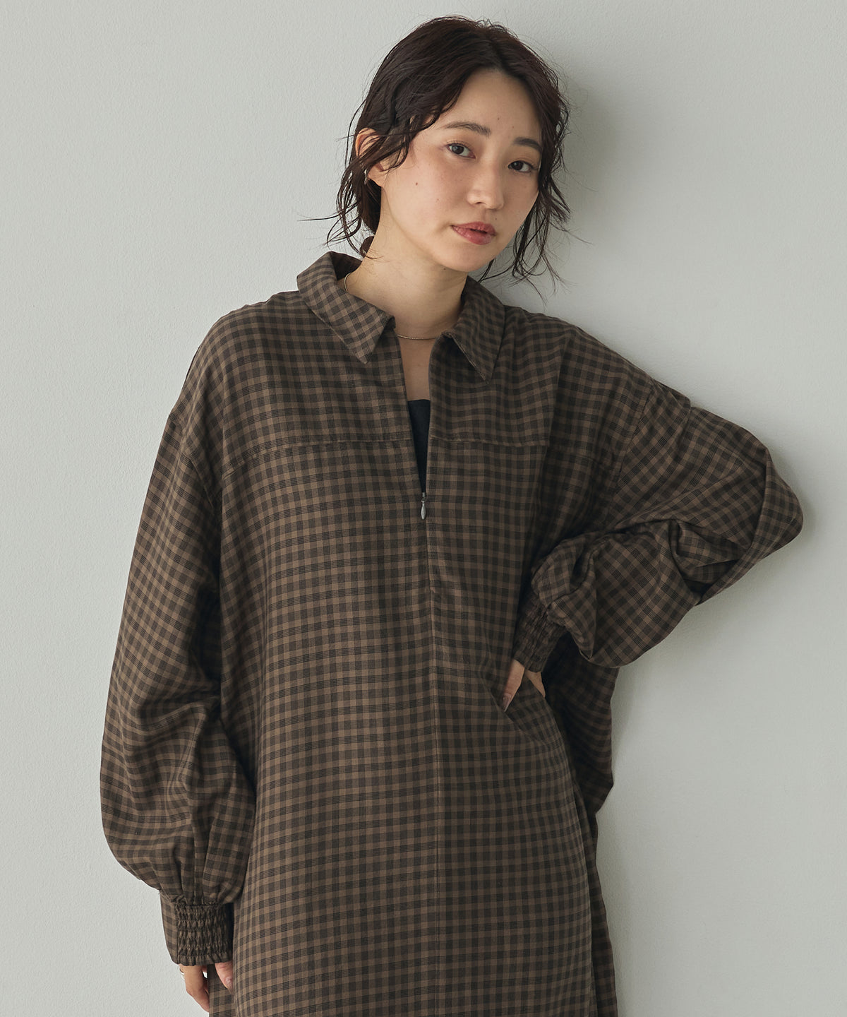 HALF-ZIP CHECKERED DRESS