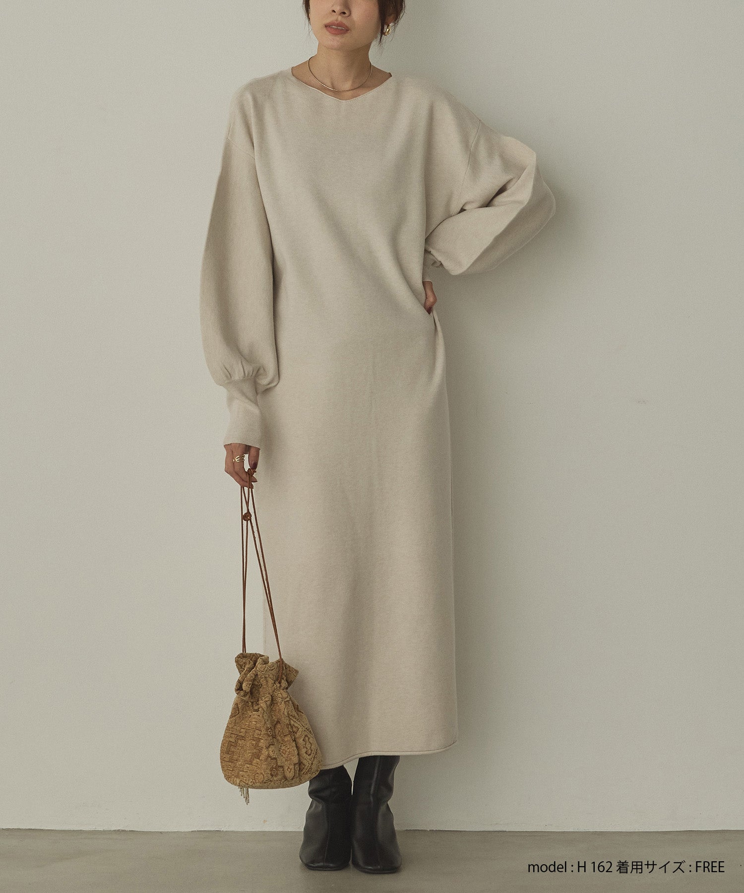 【静電気防止】やわもちヤーン ぽわん袖ワンピース