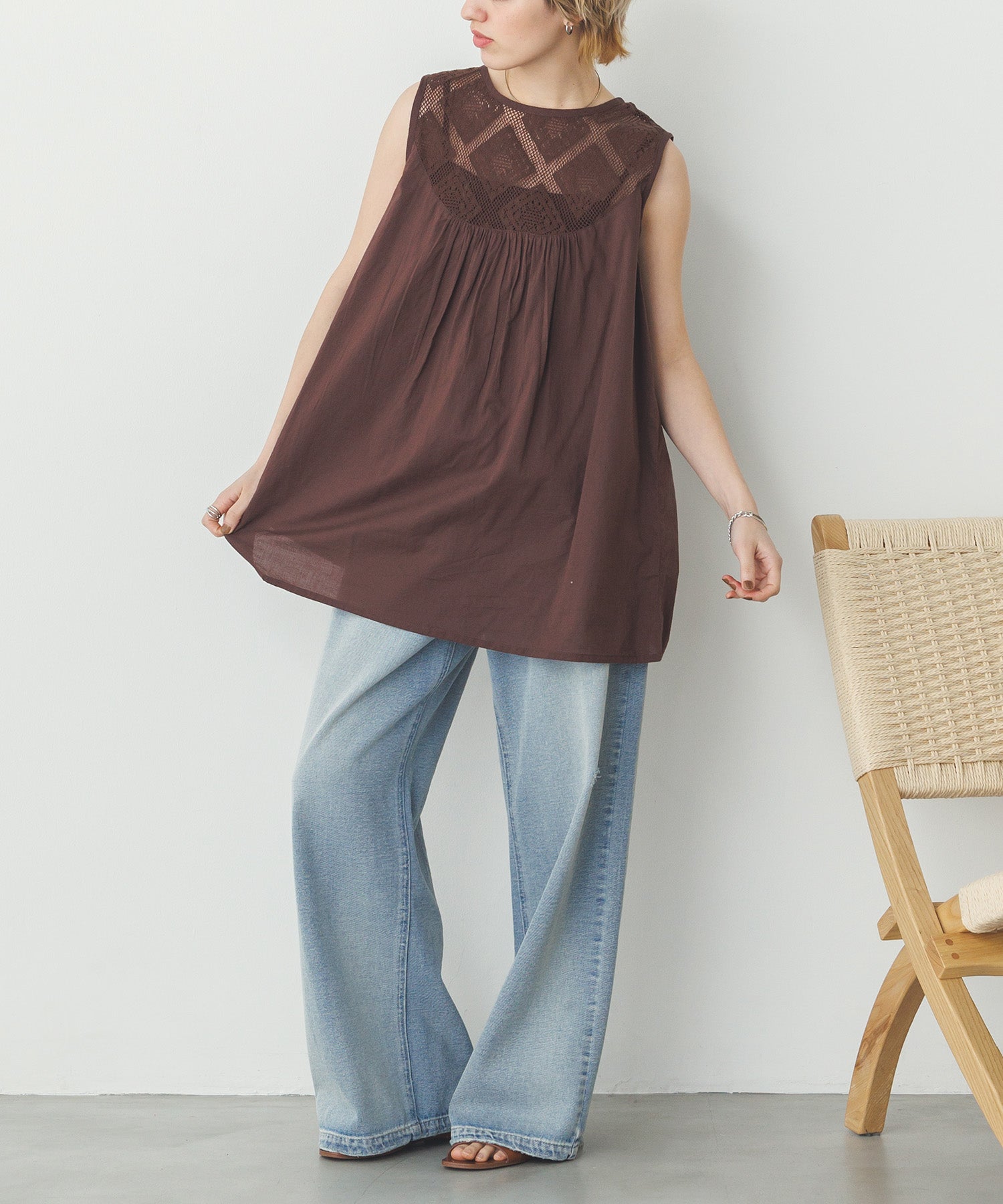 レース切替 ノースリーブブラウス