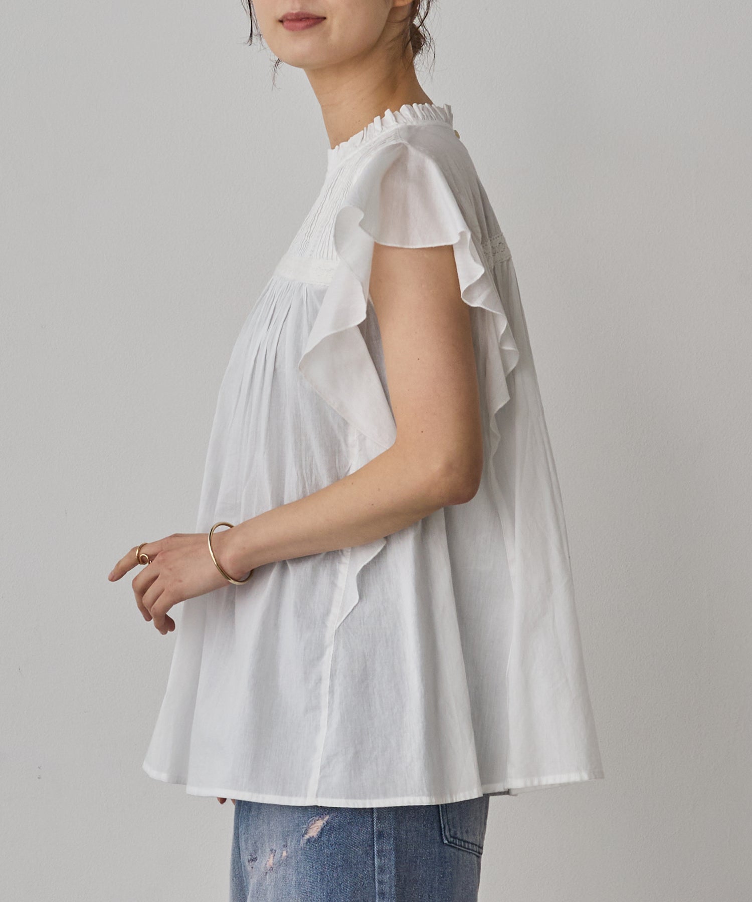 COTTON VOILE PINSTRIPE FRILL BLOUSE