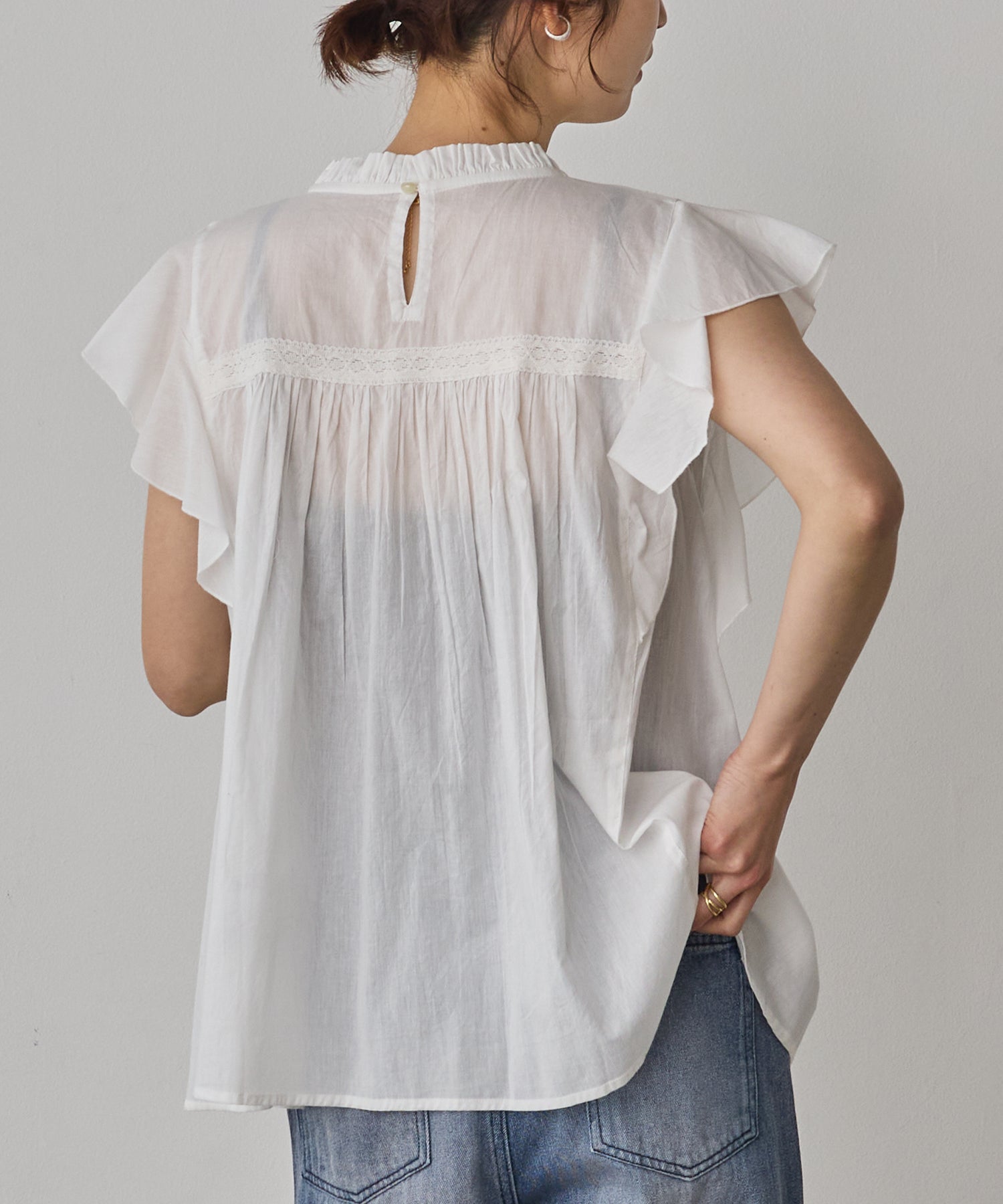 COTTON VOILE PINSTRIPE FRILL BLOUSE