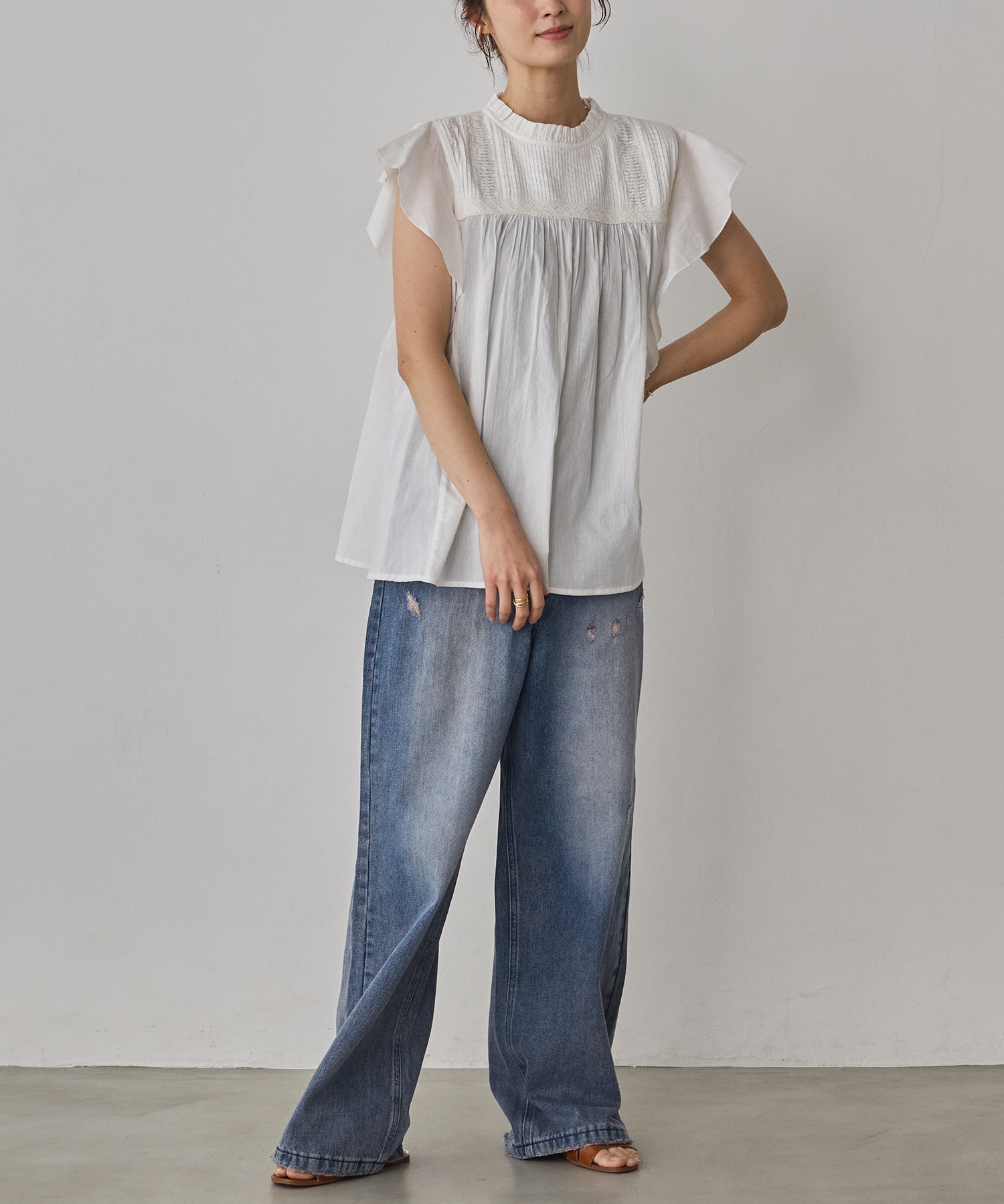 COTTON VOILE PINSTRIPE FRILL BLOUSE