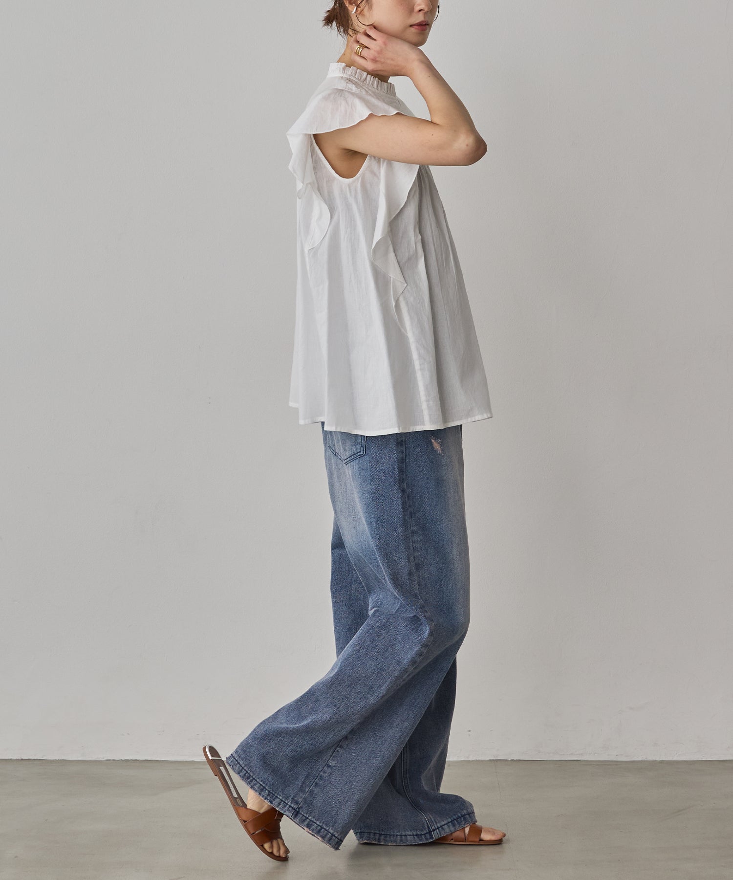 COTTON VOILE PINSTRIPE FRILL BLOUSE