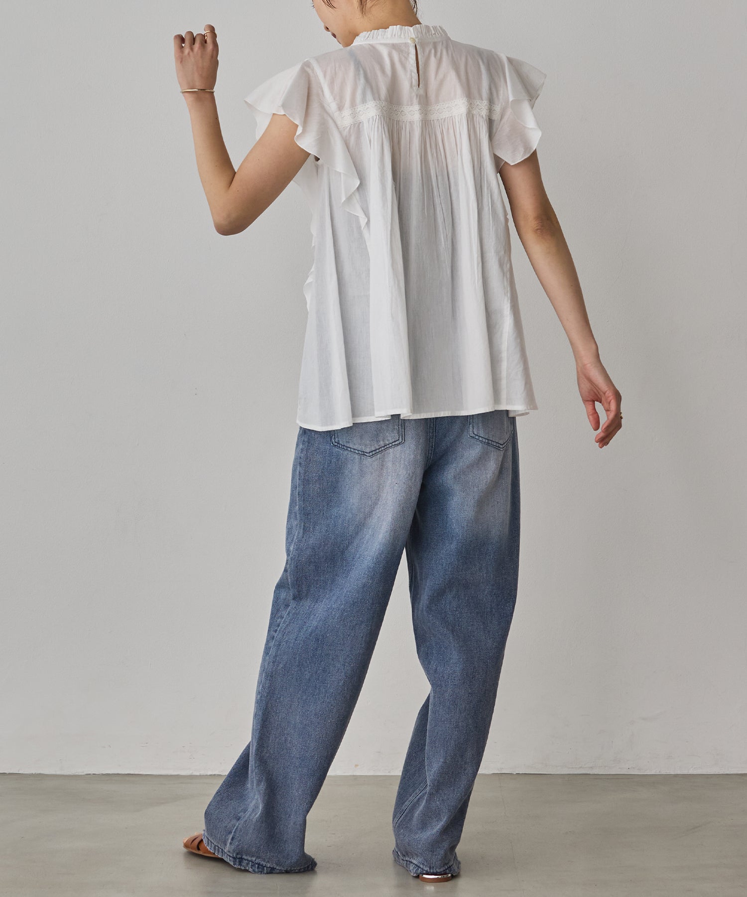 COTTON VOILE PINSTRIPE FRILL BLOUSE