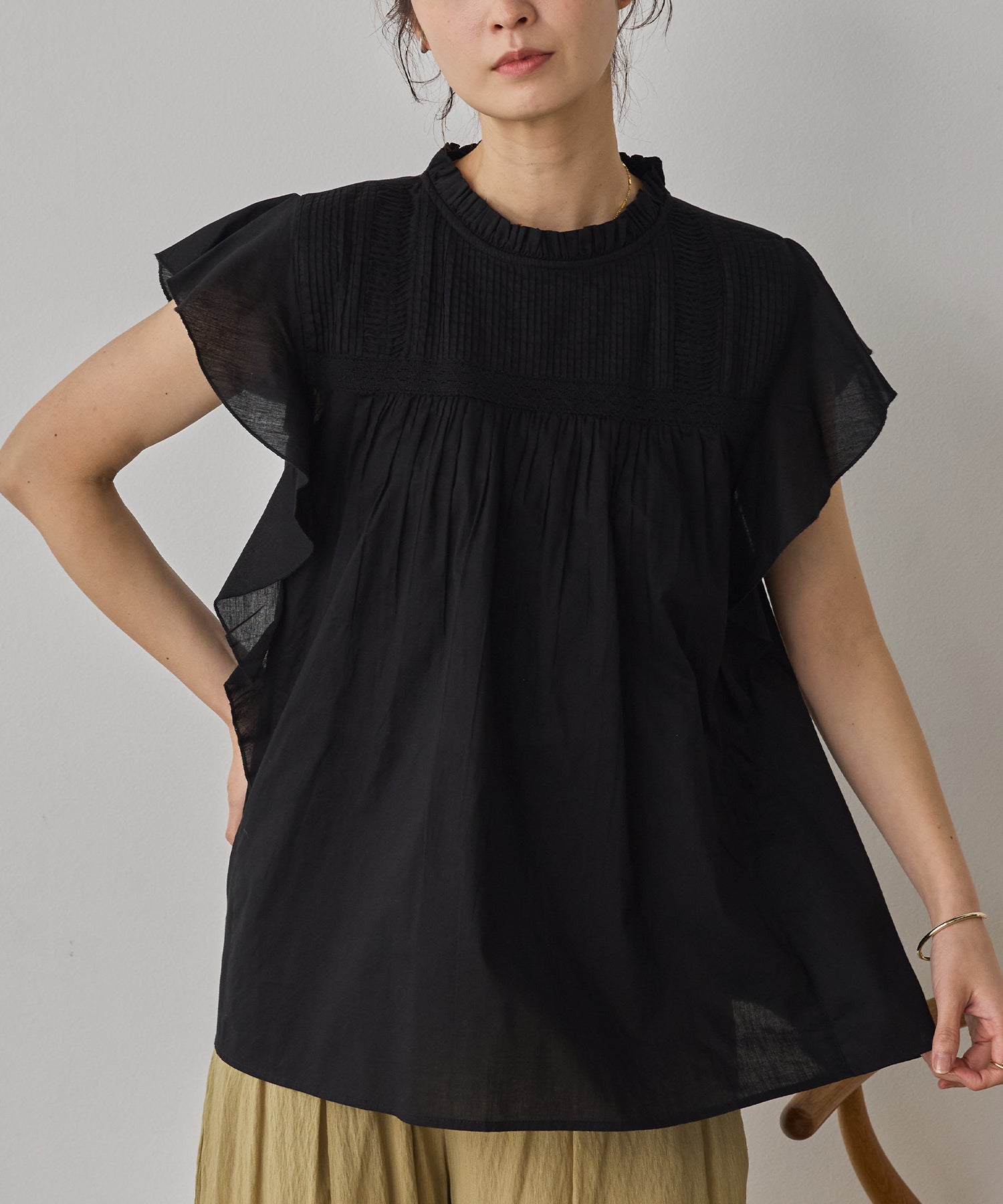 COTTON VOILE PINSTRIPE FRILL BLOUSE