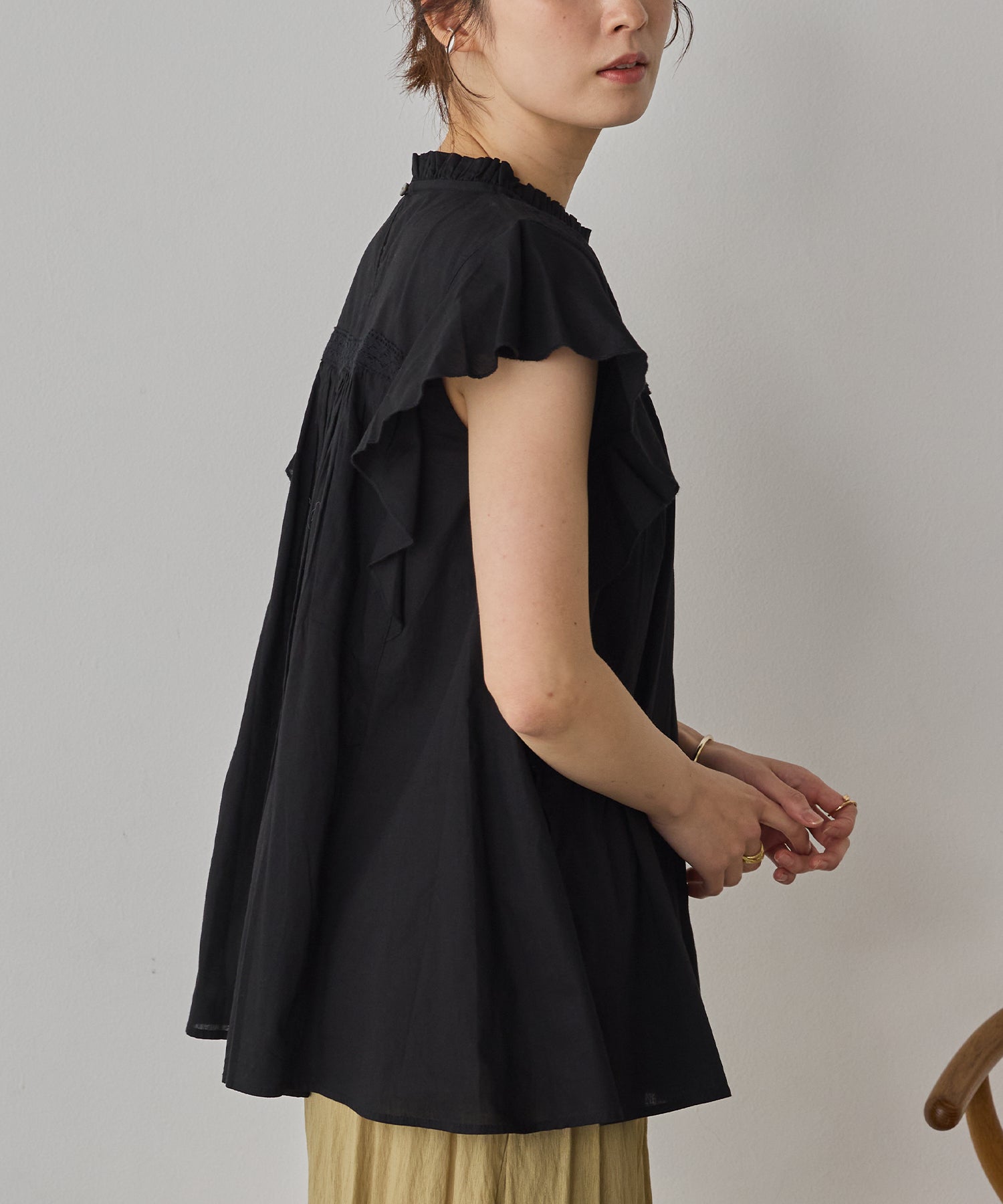 COTTON VOILE PINSTRIPE FRILL BLOUSE