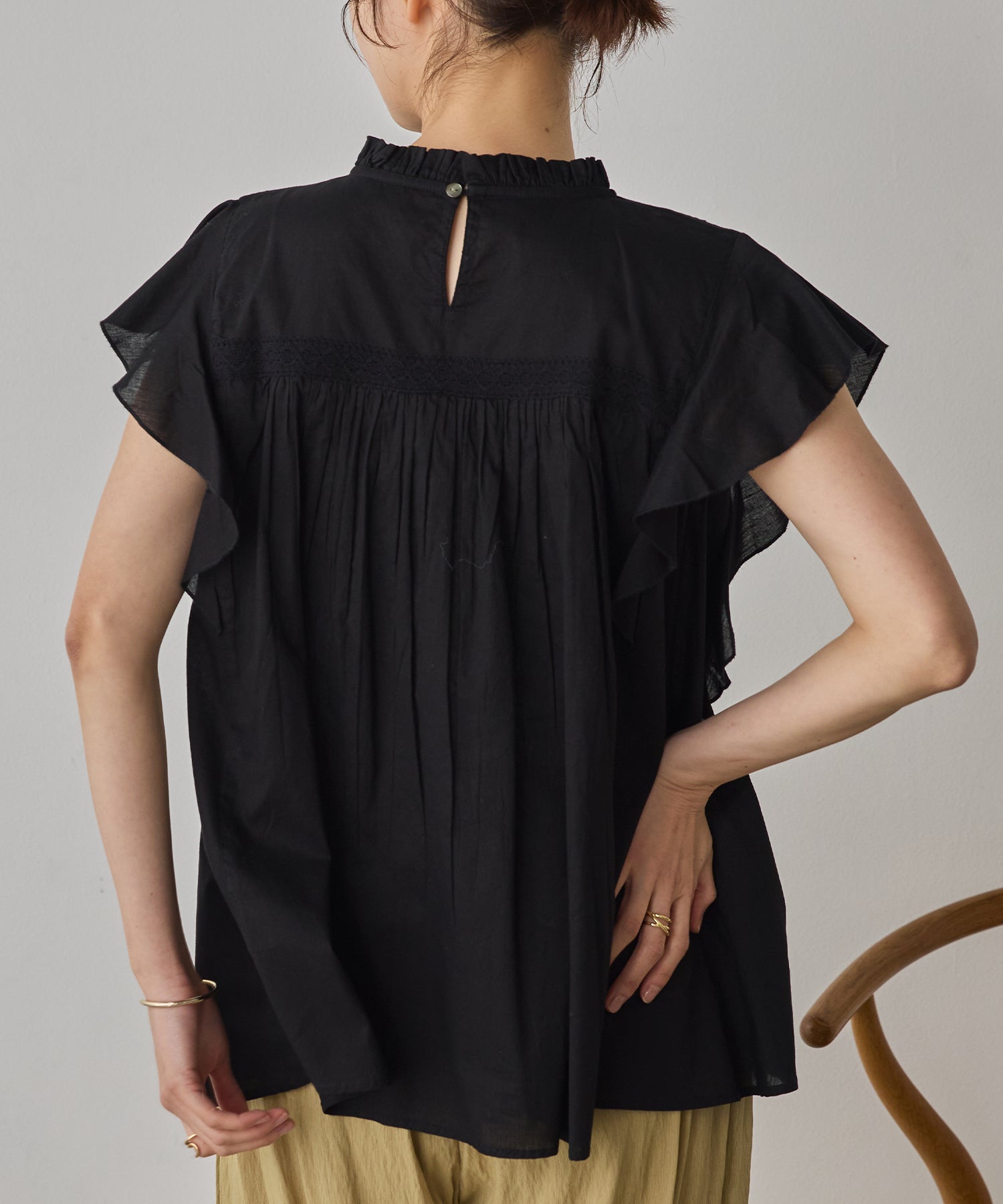 COTTON VOILE PINSTRIPE FRILL BLOUSE