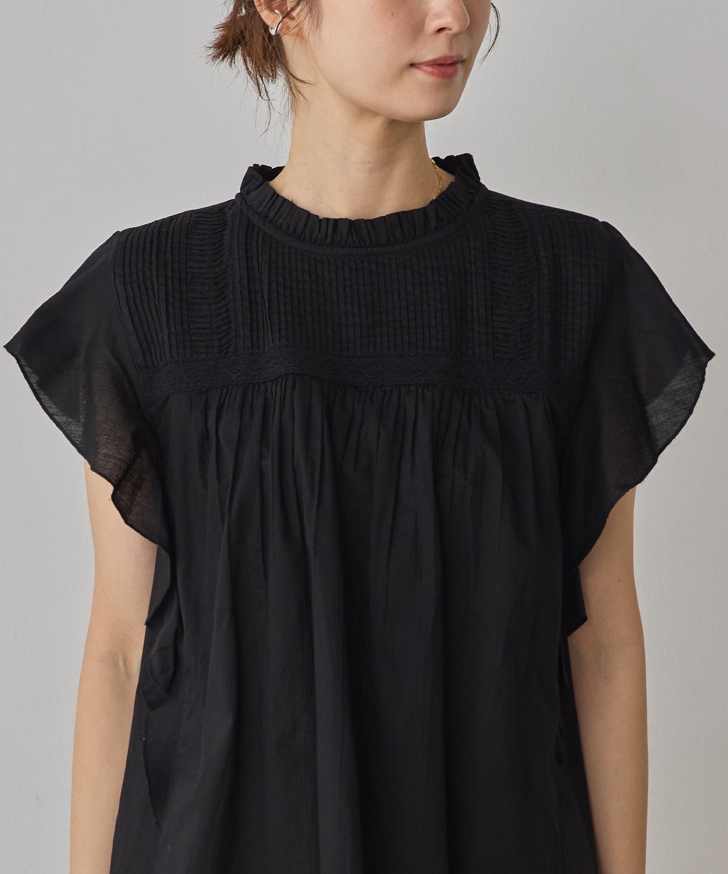 COTTON VOILE PINSTRIPE FRILL BLOUSE