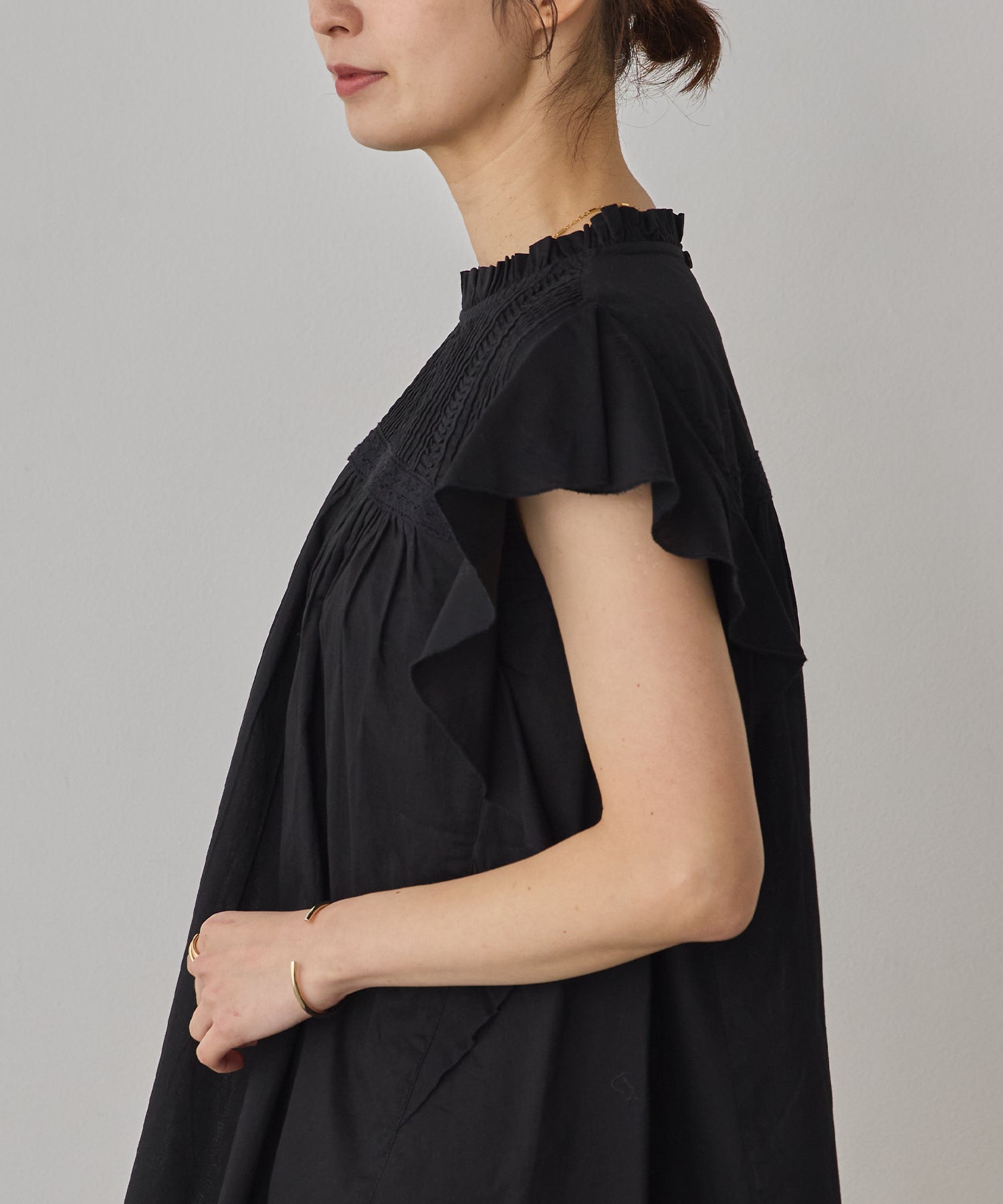 COTTON VOILE PINSTRIPE FRILL BLOUSE