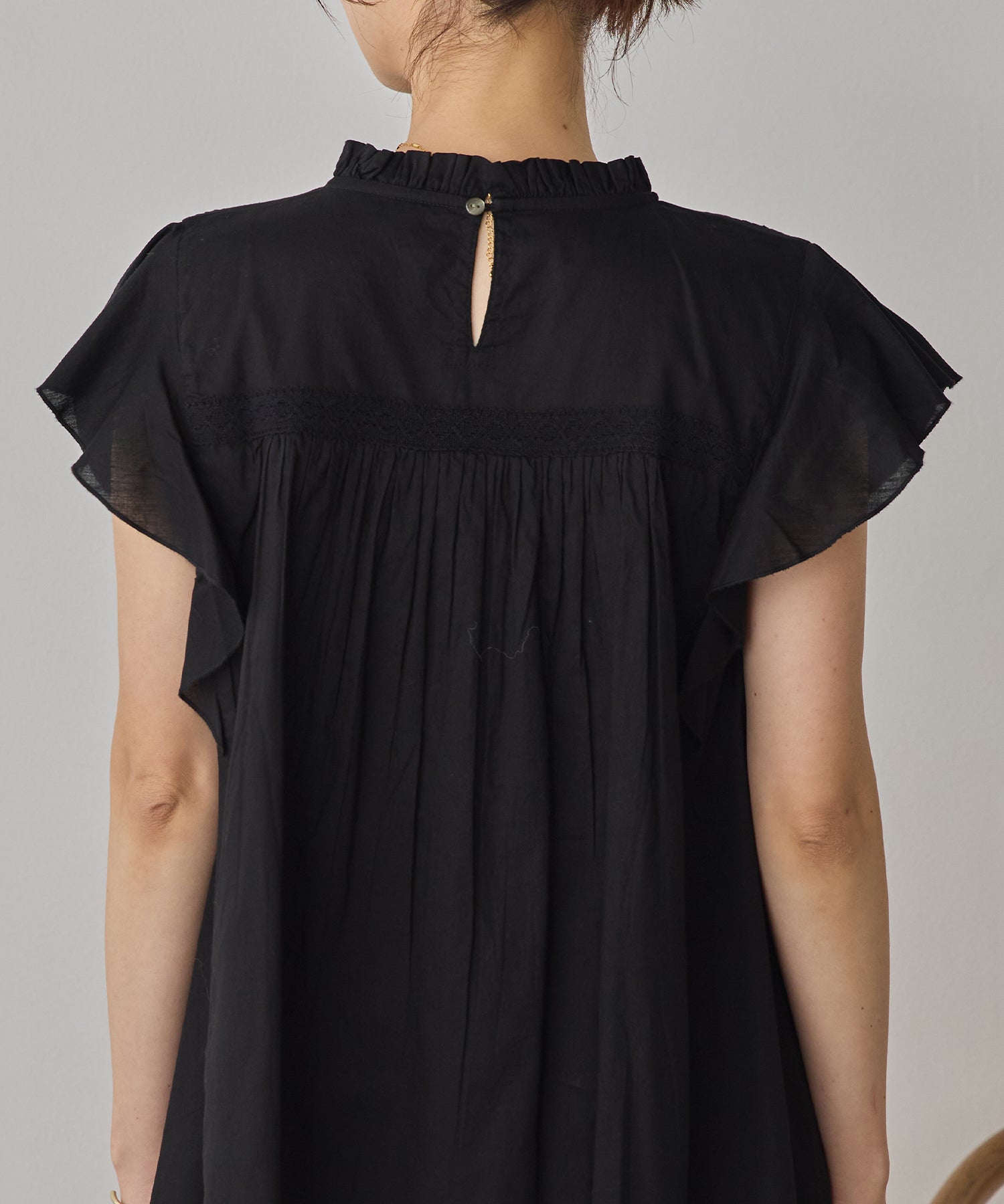 COTTON VOILE PINSTRIPE FRILL BLOUSE