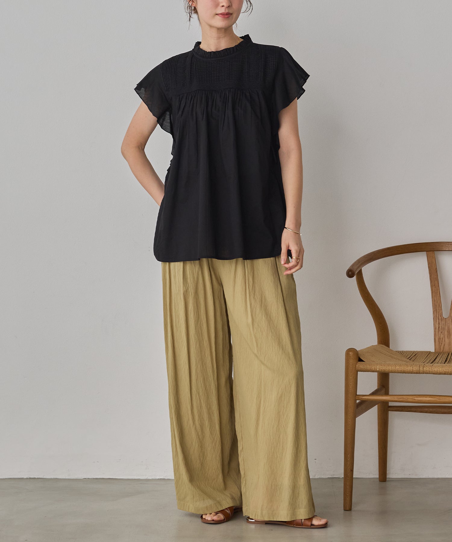 COTTON VOILE PINSTRIPE FRILL BLOUSE