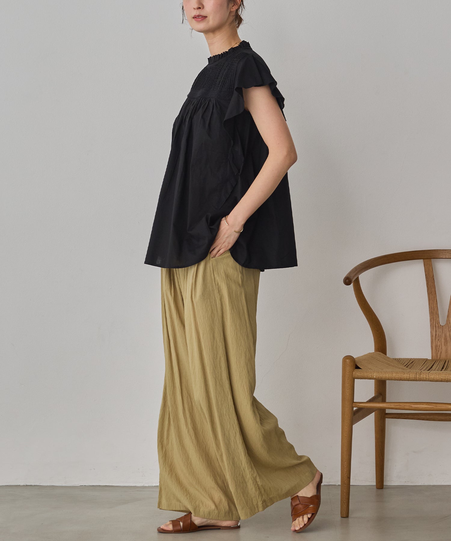 COTTON VOILE PINSTRIPE FRILL BLOUSE