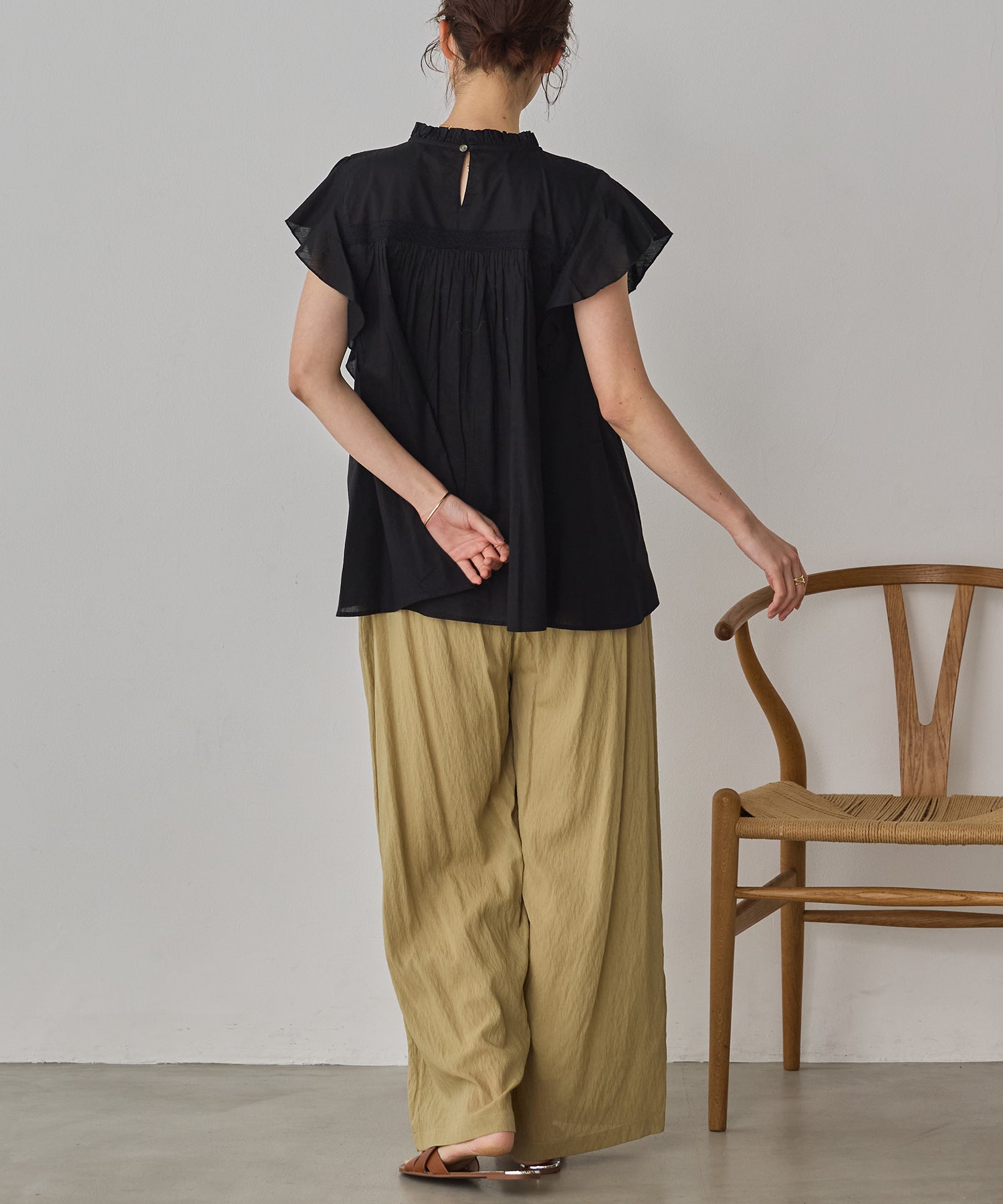 COTTON VOILE PINSTRIPE FRILL BLOUSE