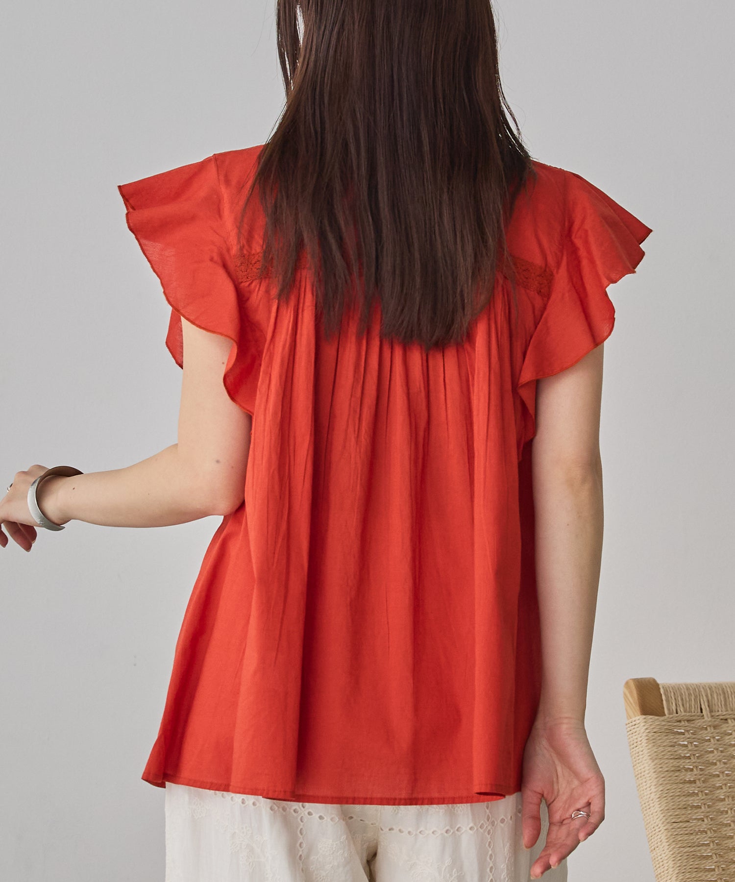 COTTON VOILE PINSTRIPE FRILL BLOUSE