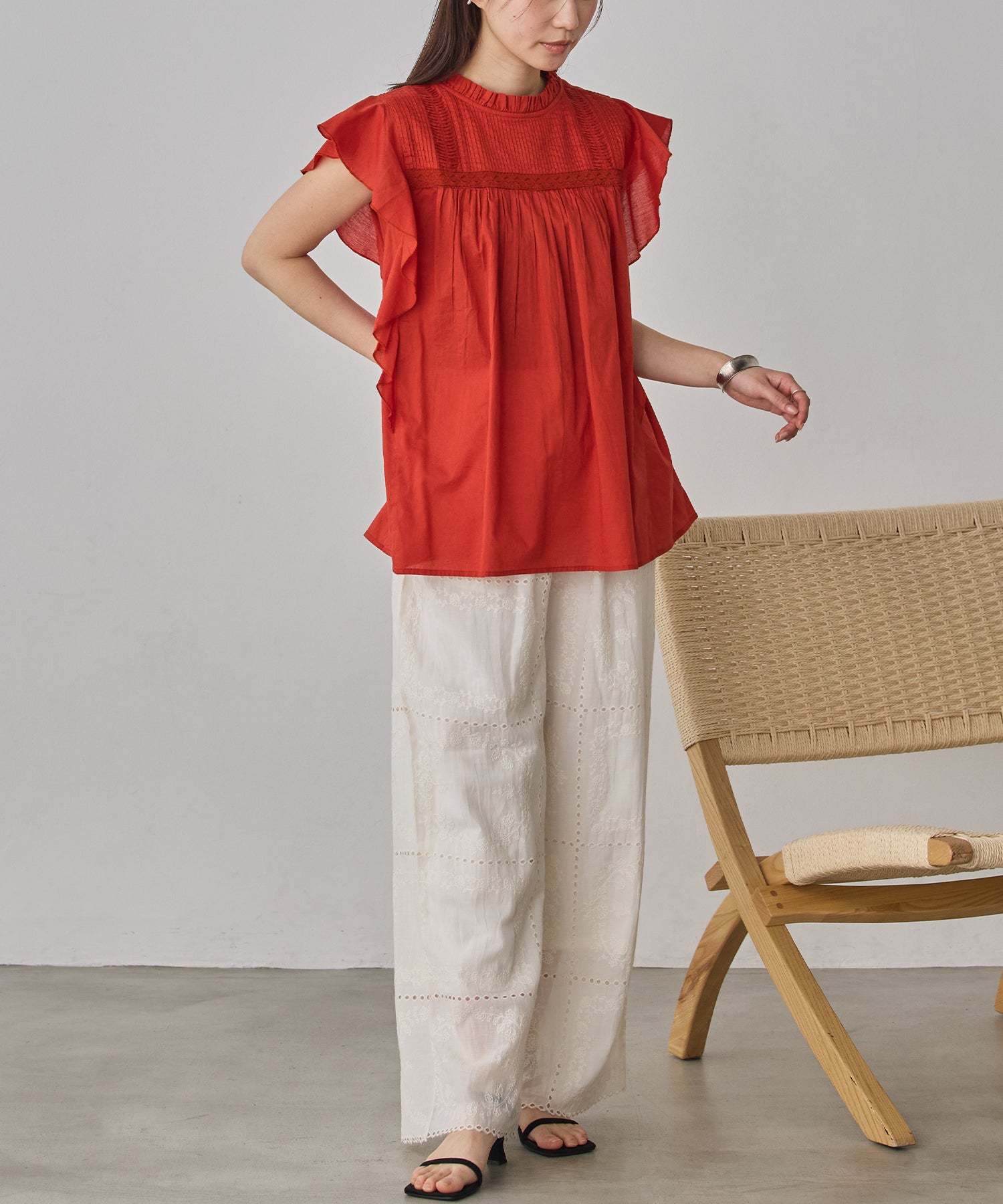 COTTON VOILE PINSTRIPE FRILL BLOUSE
