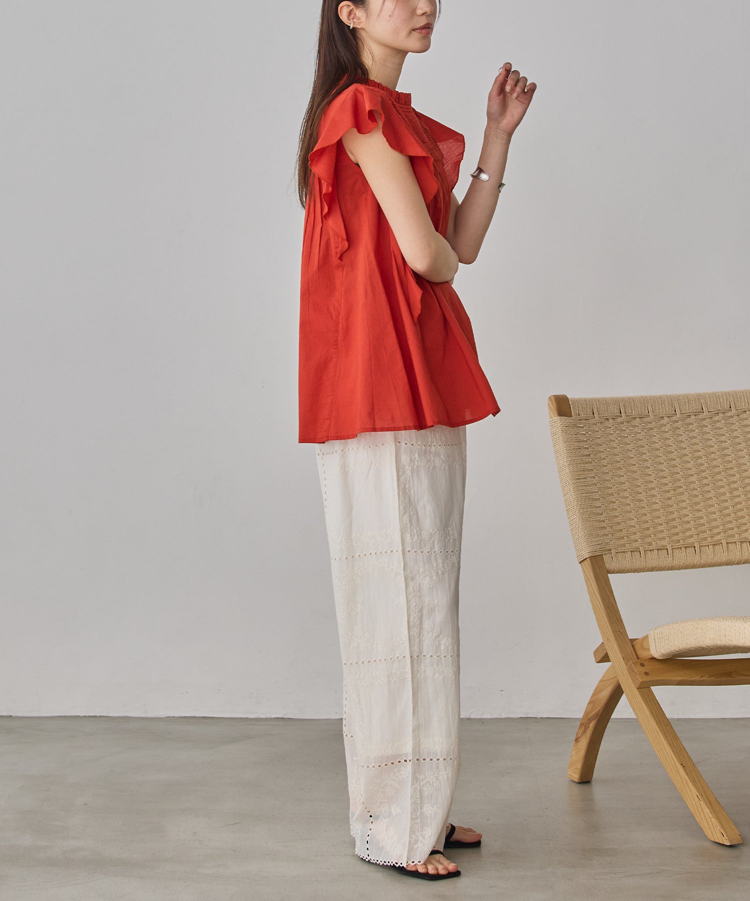 COTTON VOILE PINSTRIPE FRILL BLOUSE