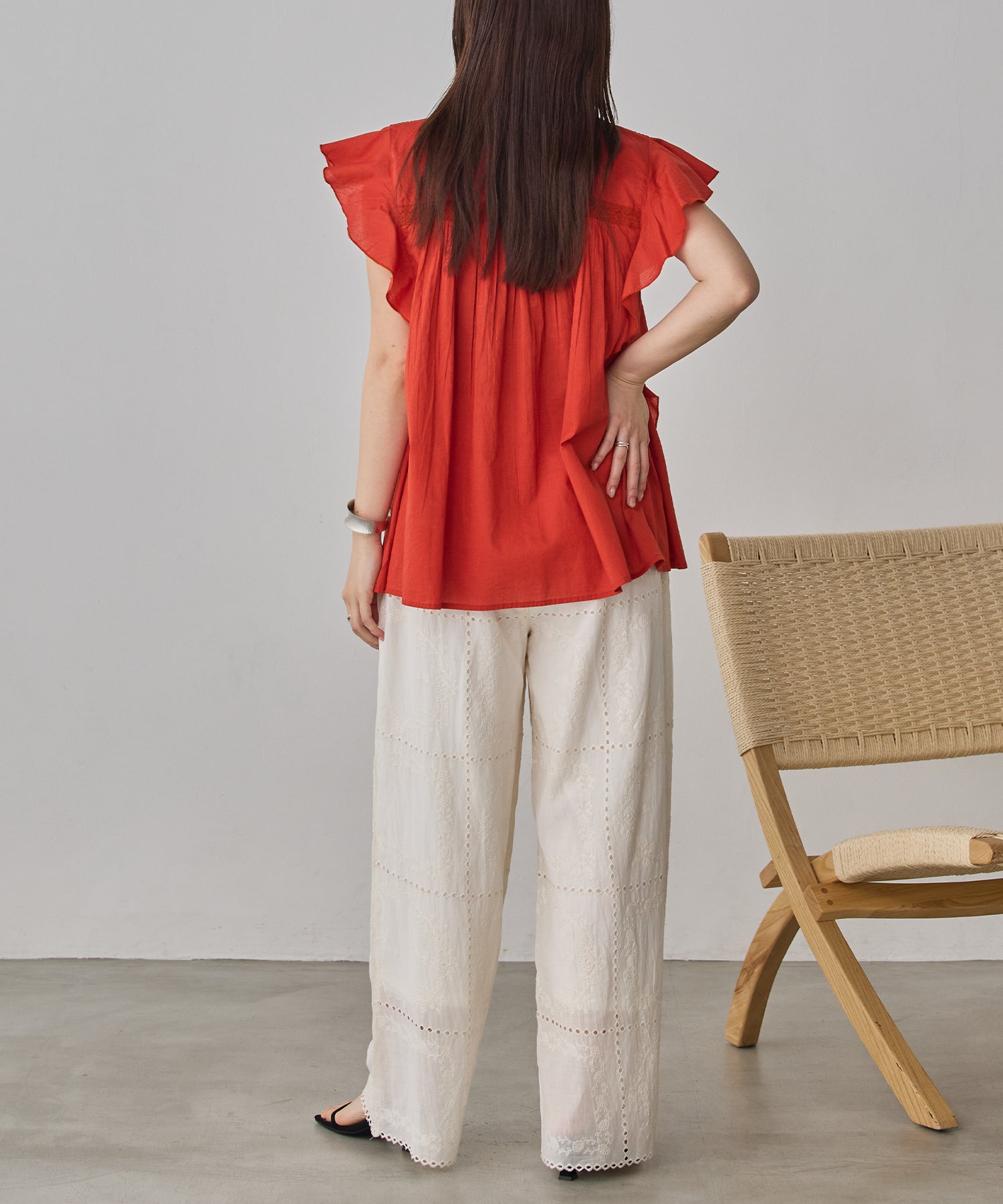 COTTON VOILE PINSTRIPE FRILL BLOUSE