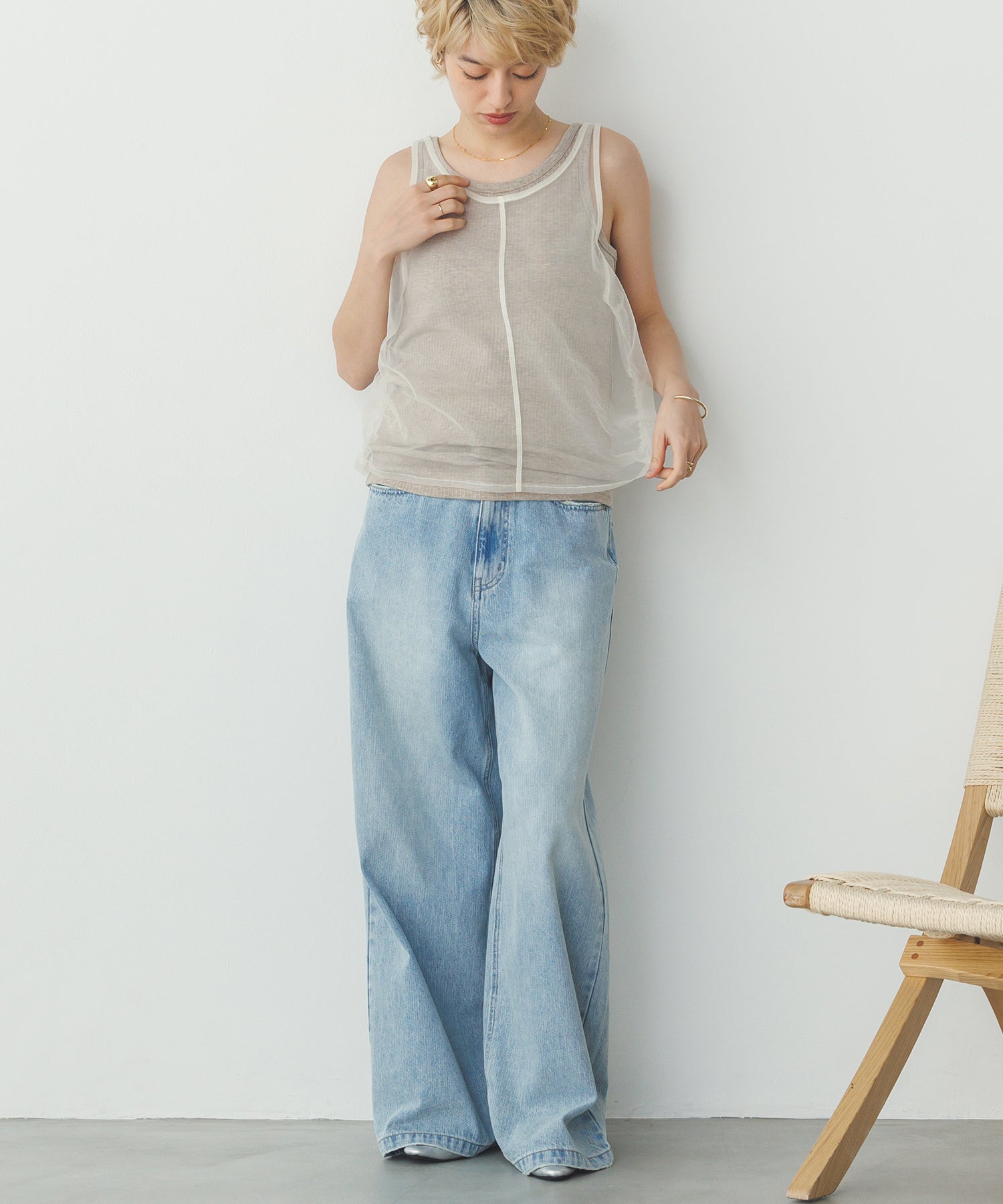 チュールレイヤード リブタンクトップ